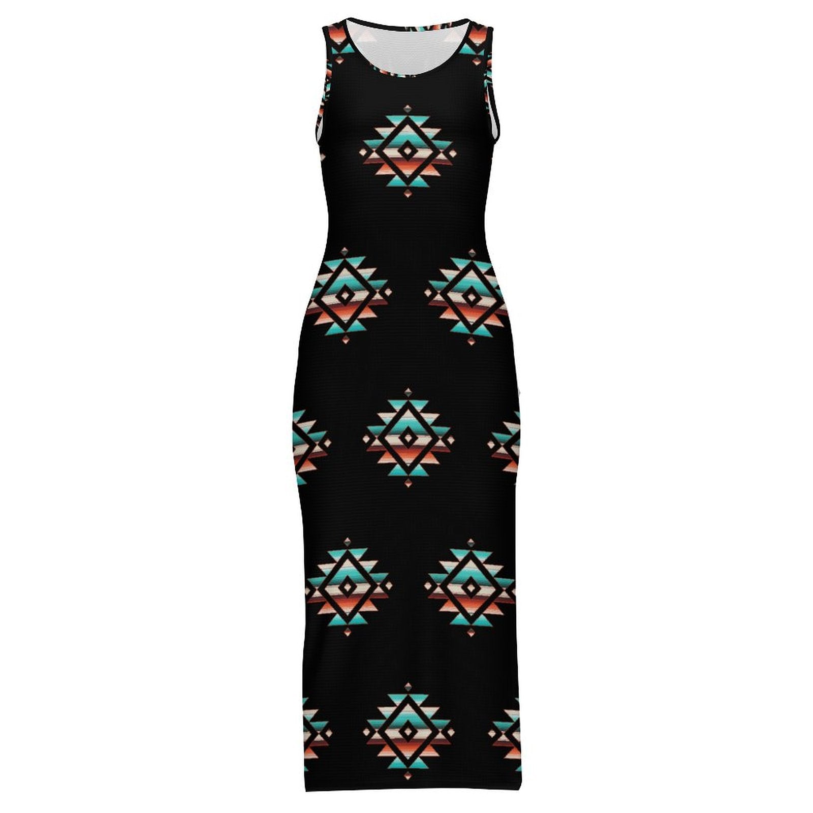 Southwestern Aztec Sleeveless Bodycon Side Slit Western Maxi Dress