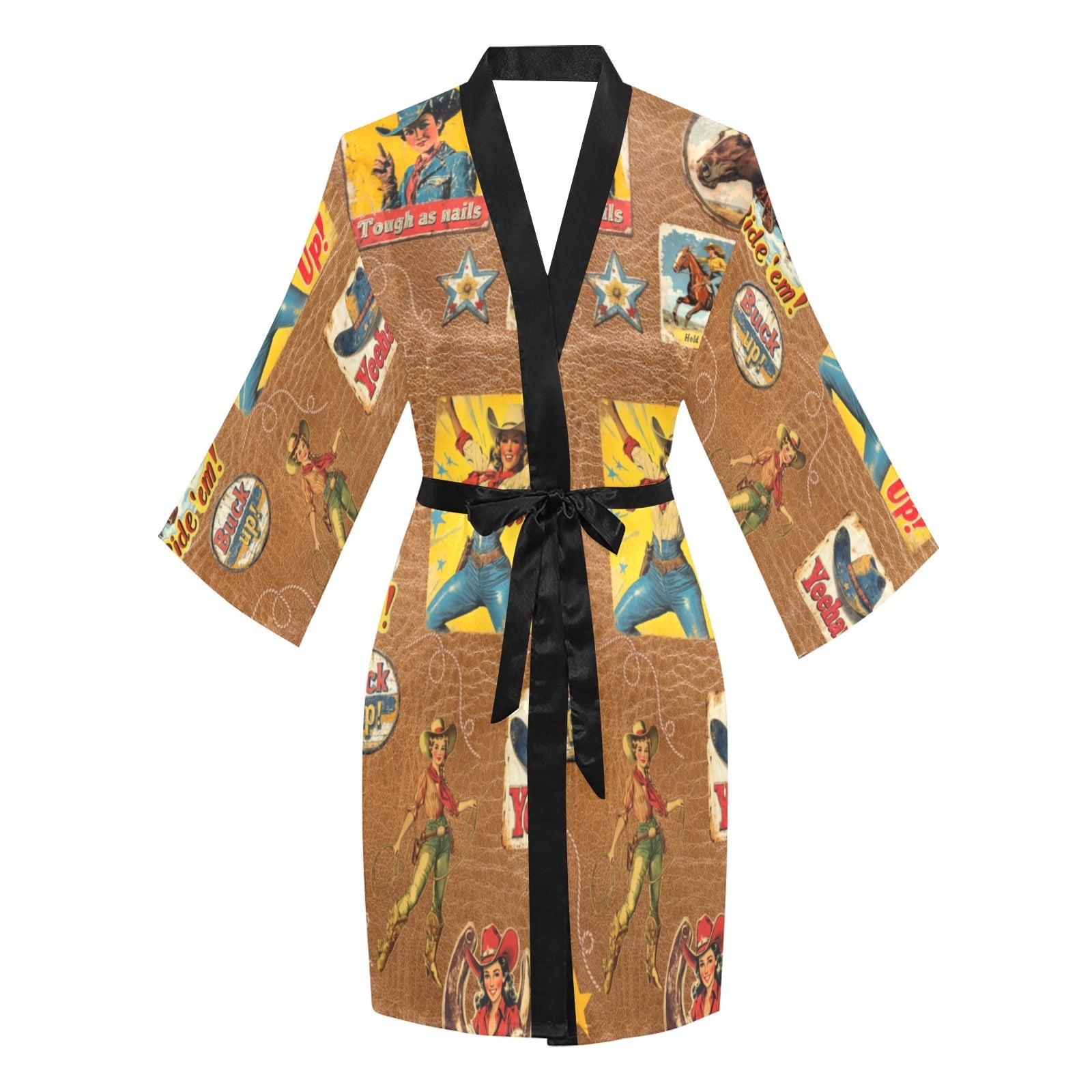Vintage Cowgirl Collage Kimono Satin Robe