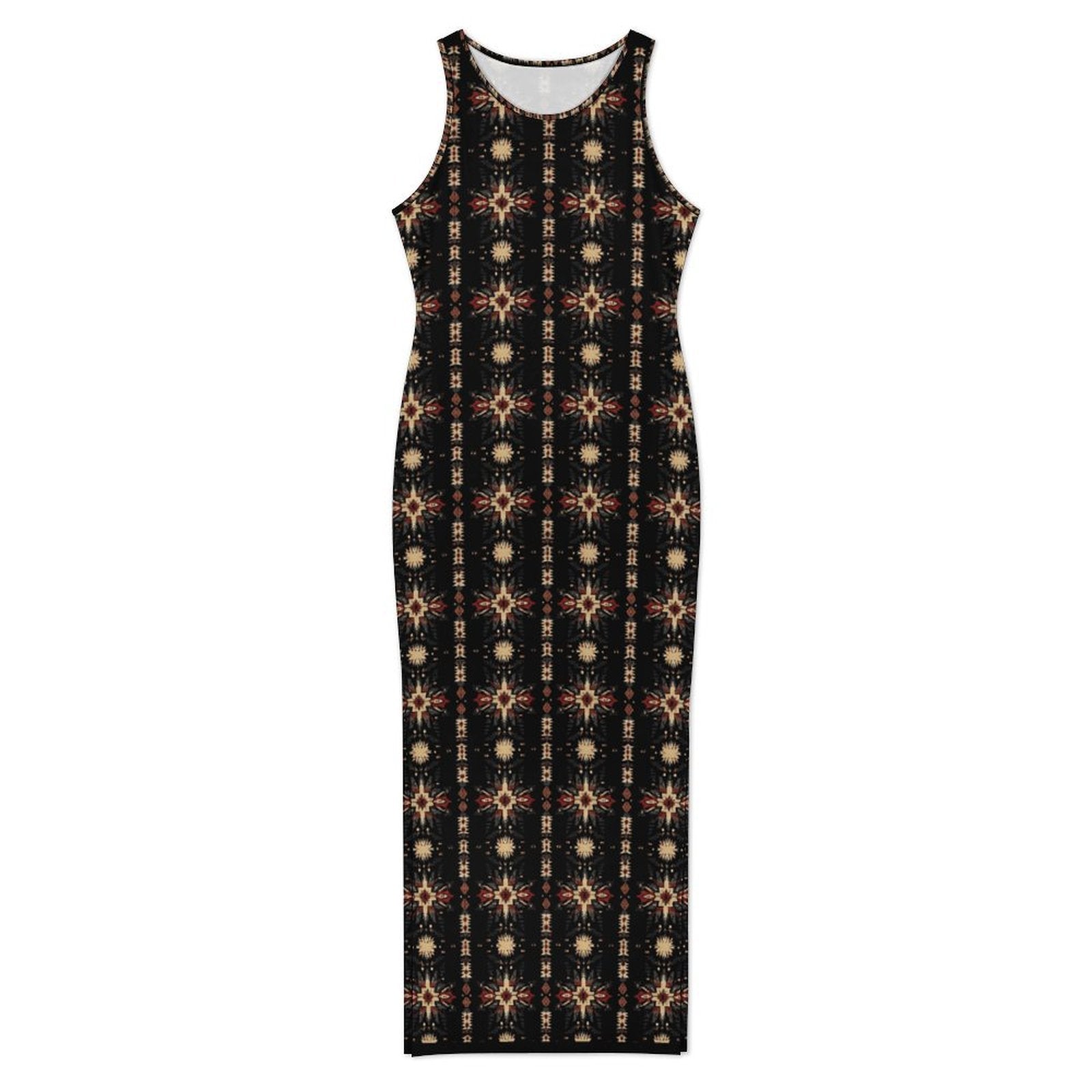 Black and Tan Aztec Sleeveless Bodycon Side Slit Maxi Dress
