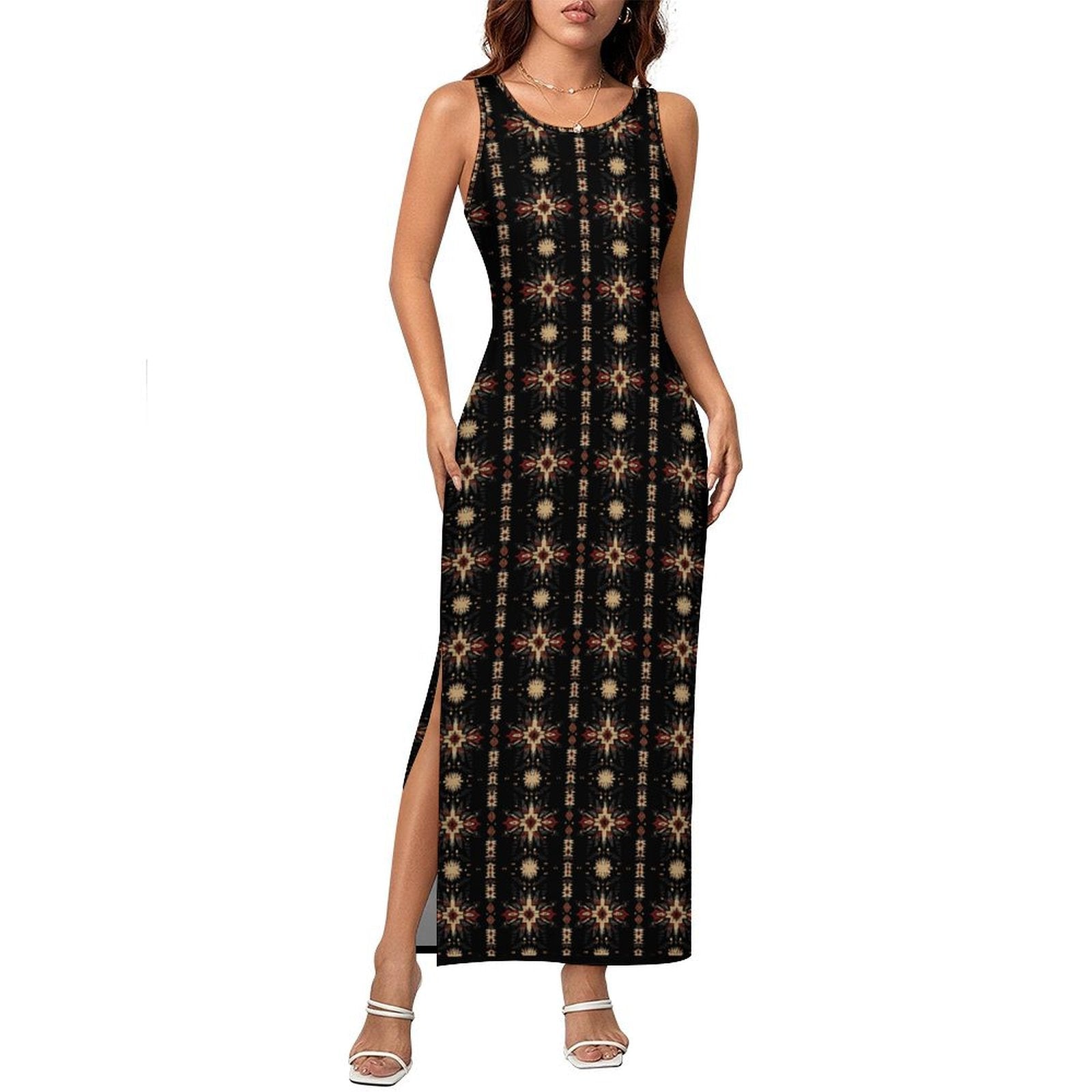 Black and Tan Aztec Sleeveless Bodycon Side Slit Maxi Dress