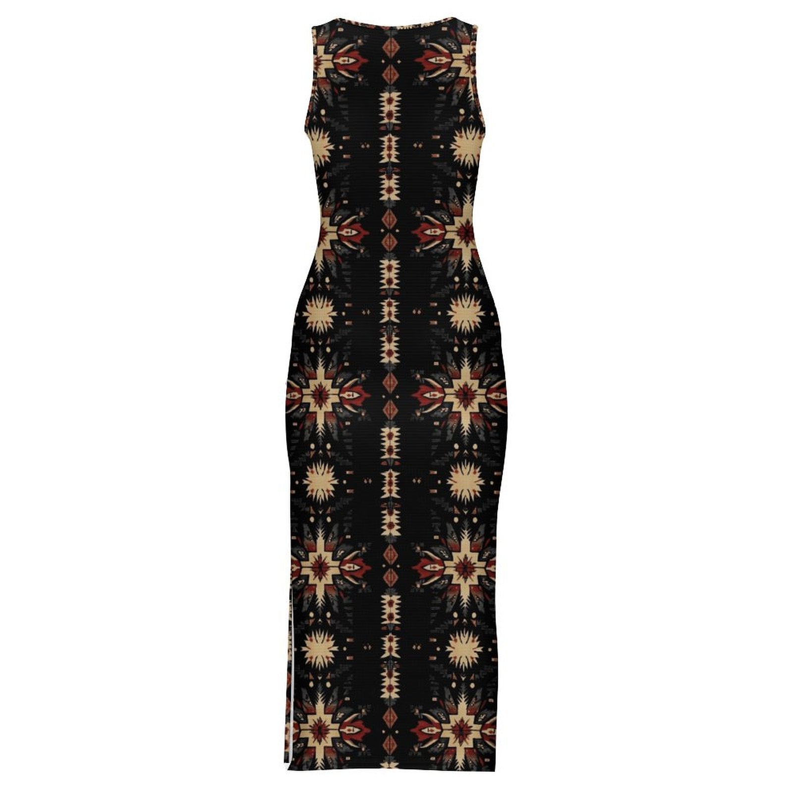 Black and Tan Aztec Bodycon Side Slit Western Maxi Dress