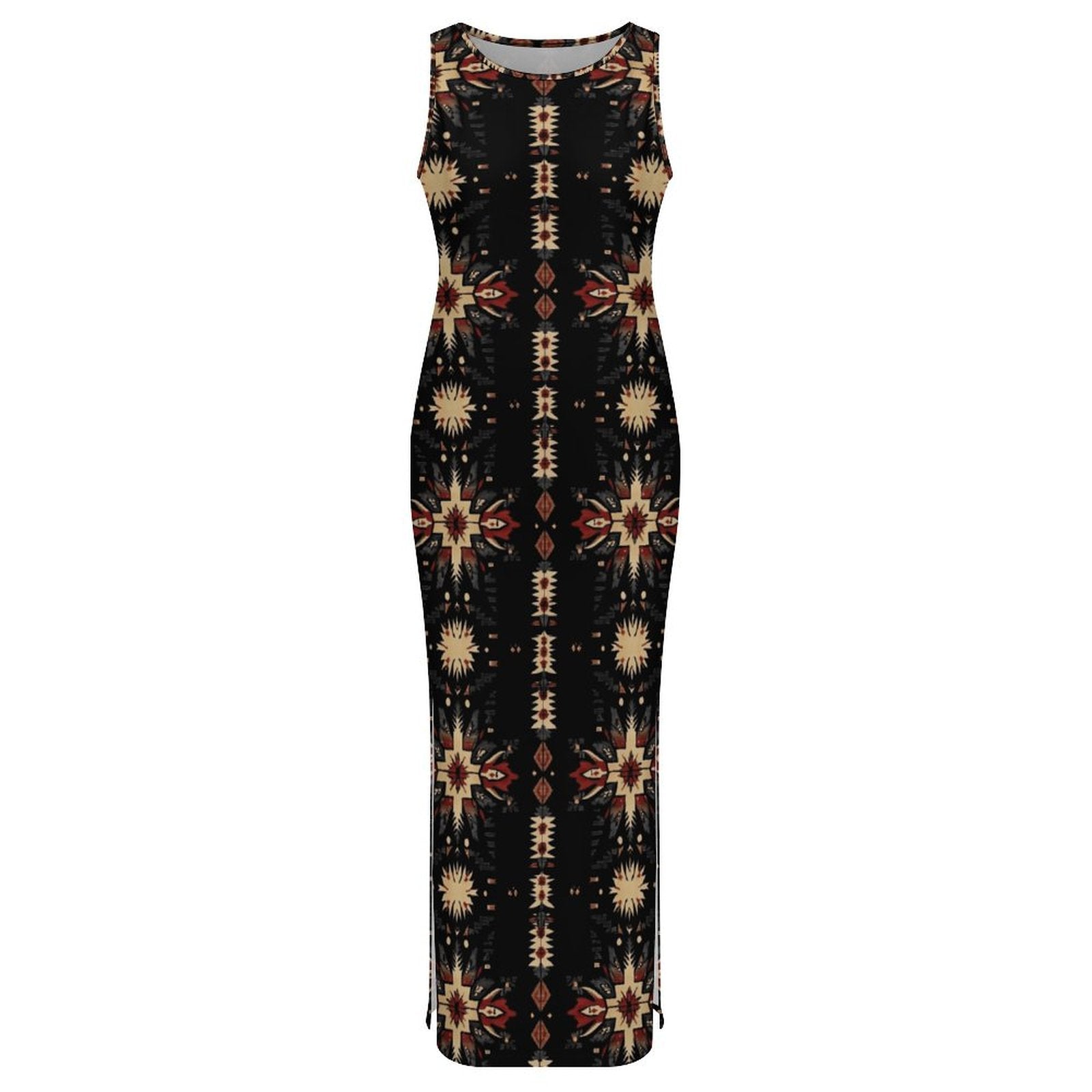 Black and Tan Aztec Bodycon Side Slit Western Maxi Dress