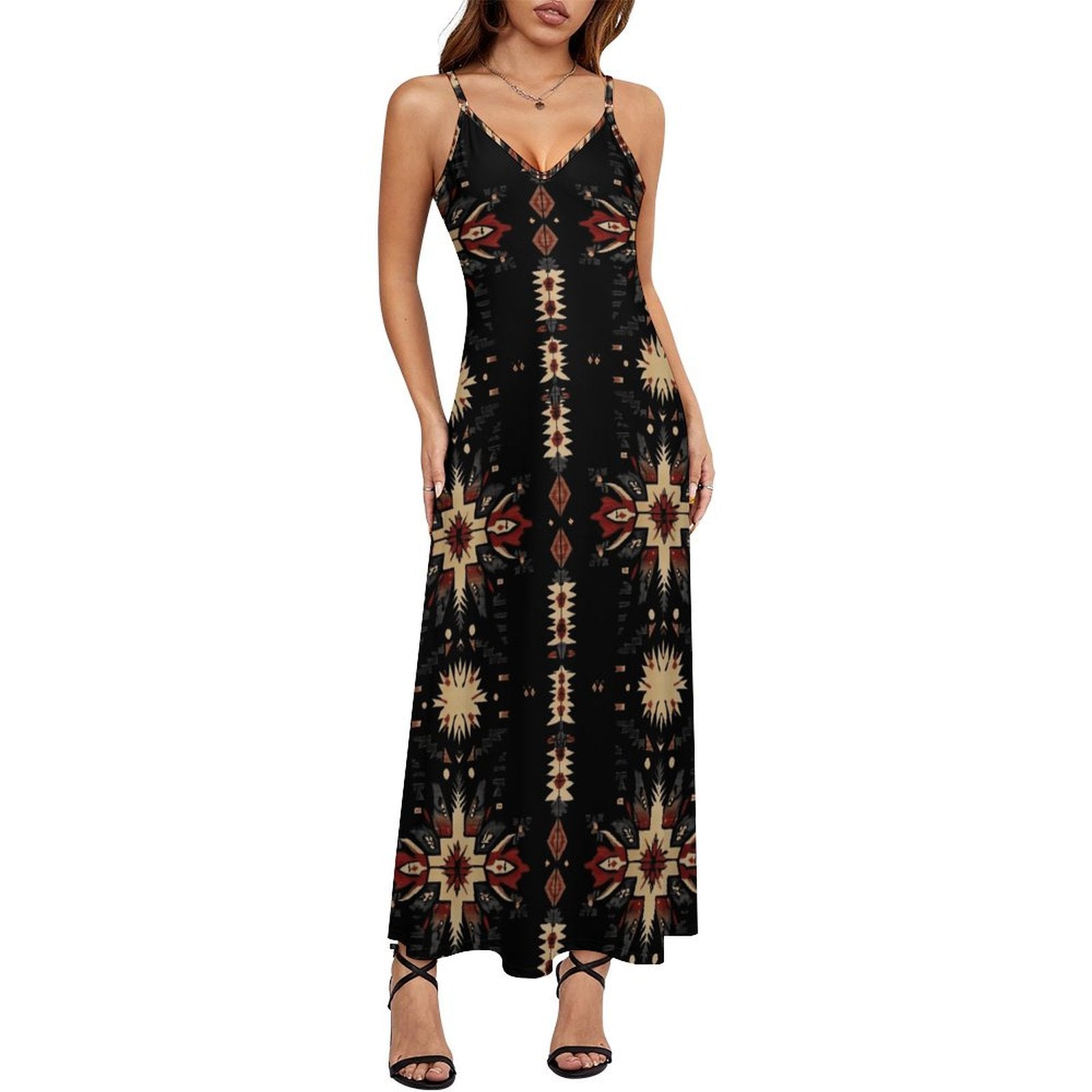 Black and Tan Southwestern Aztec Western Maxi Dress