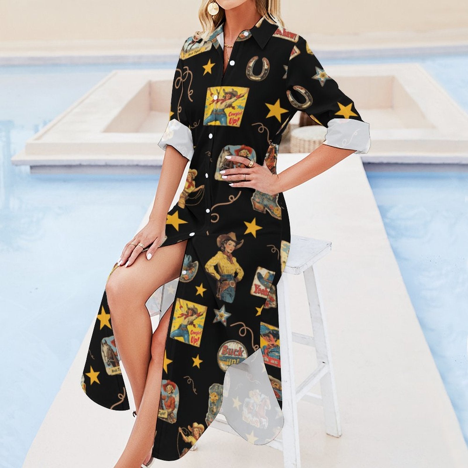 Vintage Cowgirl Collage Western Button-Up Long Sleeve Shirt Dress Duster