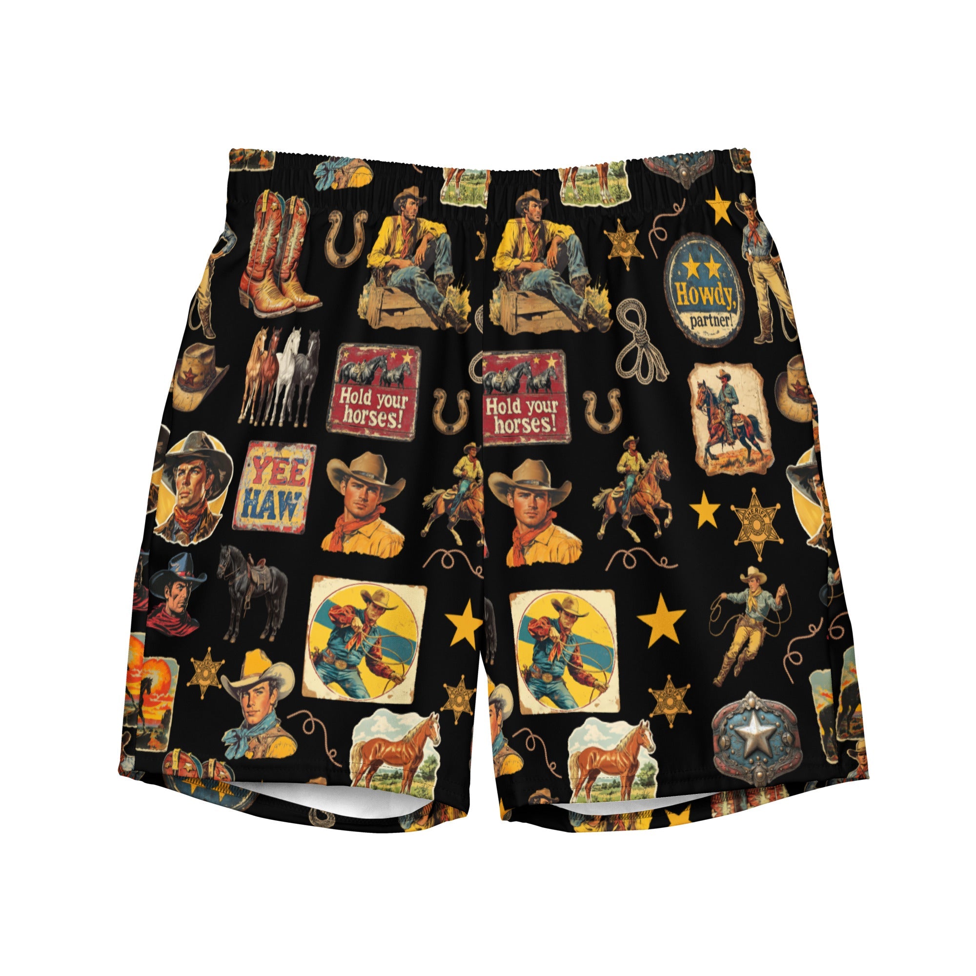 Yeehaw Vintage Cowboy Collage Swim Trunks