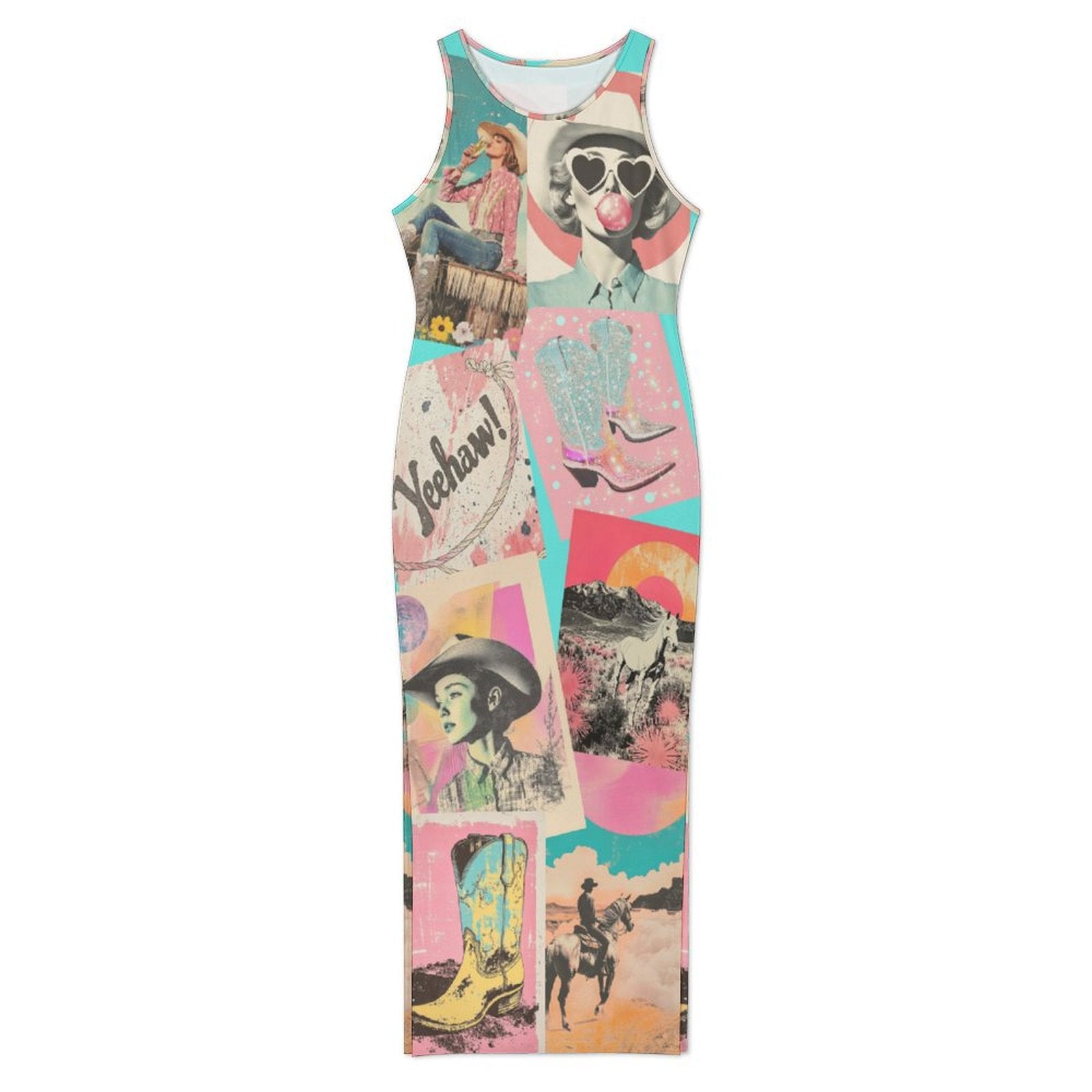 Baha Ranch Retro Pop Western Bodycon Side Slit Maxi Dress