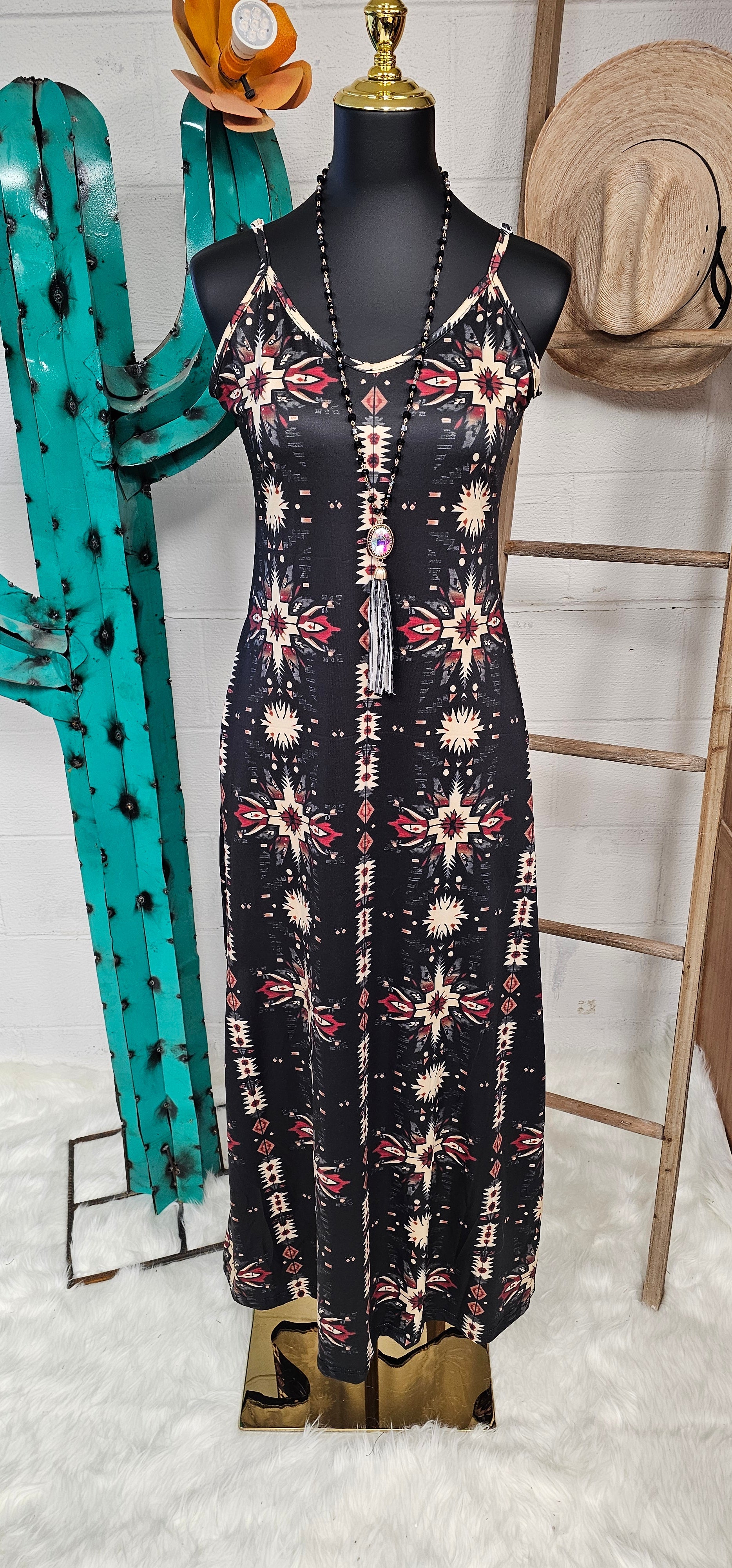 Black and Tan Southwestern Aztec Western Maxi Dress