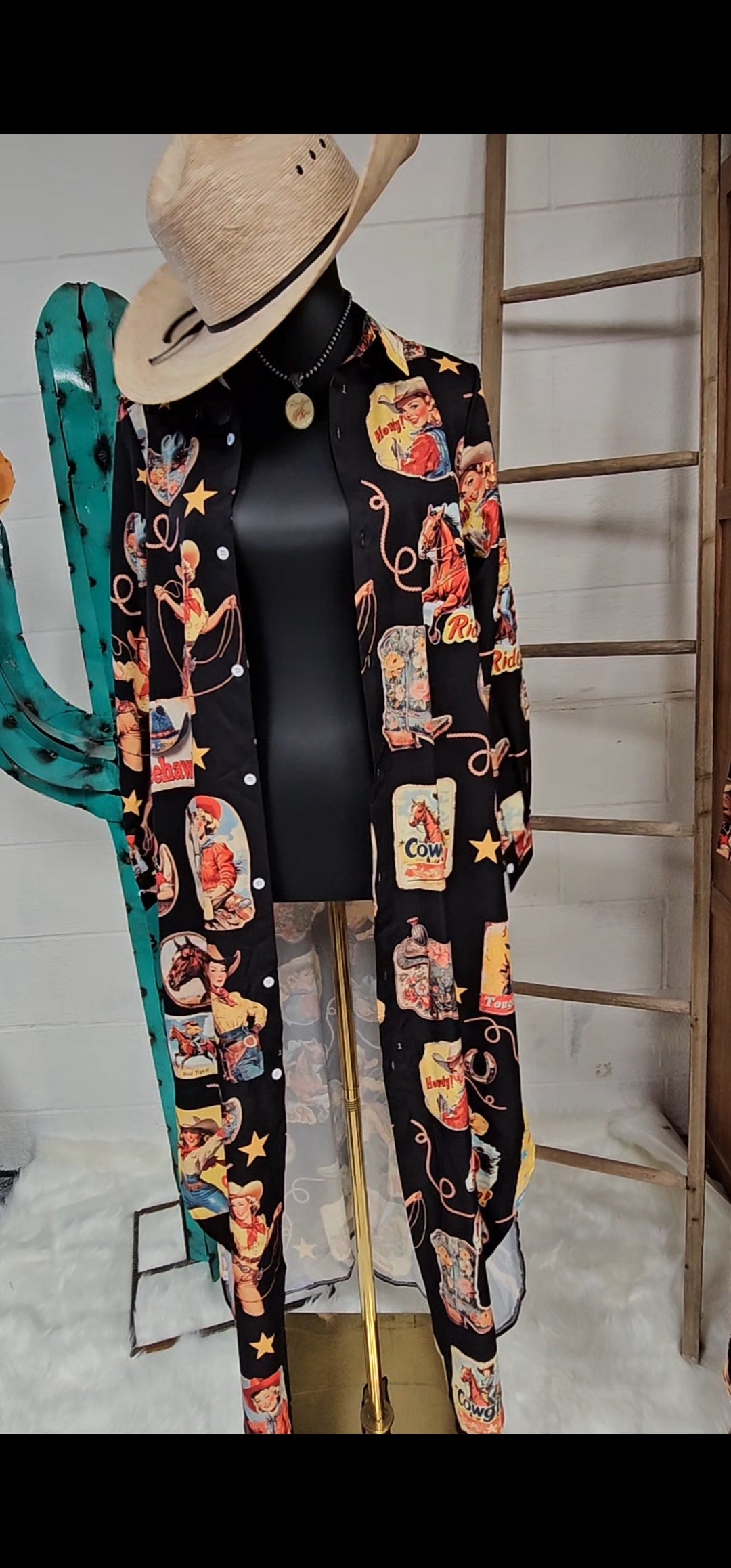 Vintage Cowgirl Collage Western Button-Up Long Sleeve Shirt Dress Duster