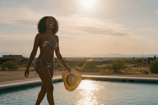 Woman in a western-print bikini at a sunlit ranch pool during golden hour — Essence Festival style