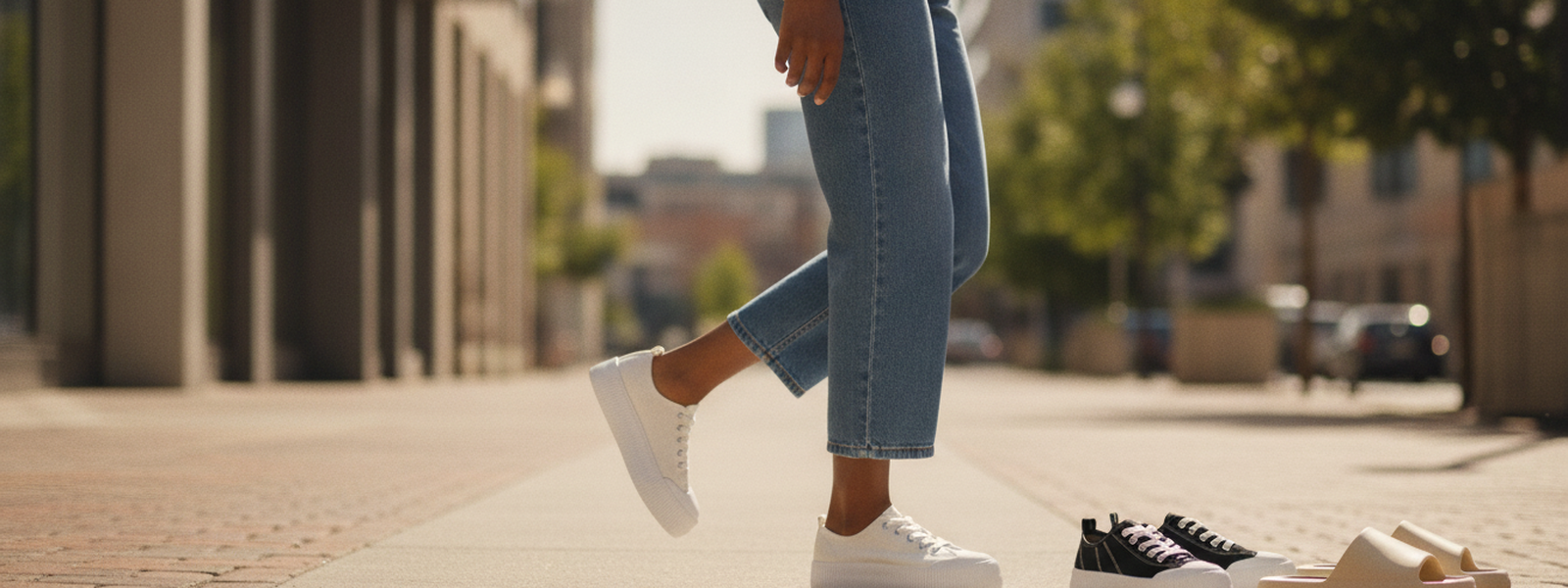 Footwear edit: a woman mid-stride in cropped denim wearing white Court Royale court sneakers on a sunlit urban sidewalk, with black sneakers and a tan platform slide styled on the pavement.