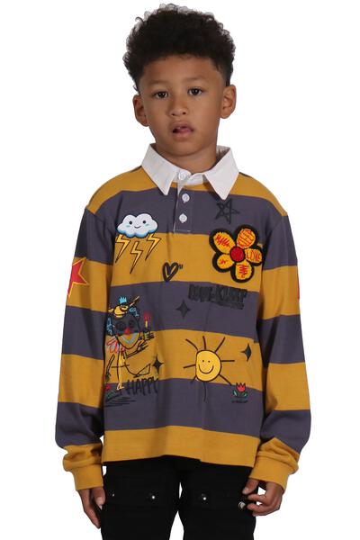 BISCOTTI Kid's Long Sleeve Polo Shirt With Heavy Print Effects & Patch Works
