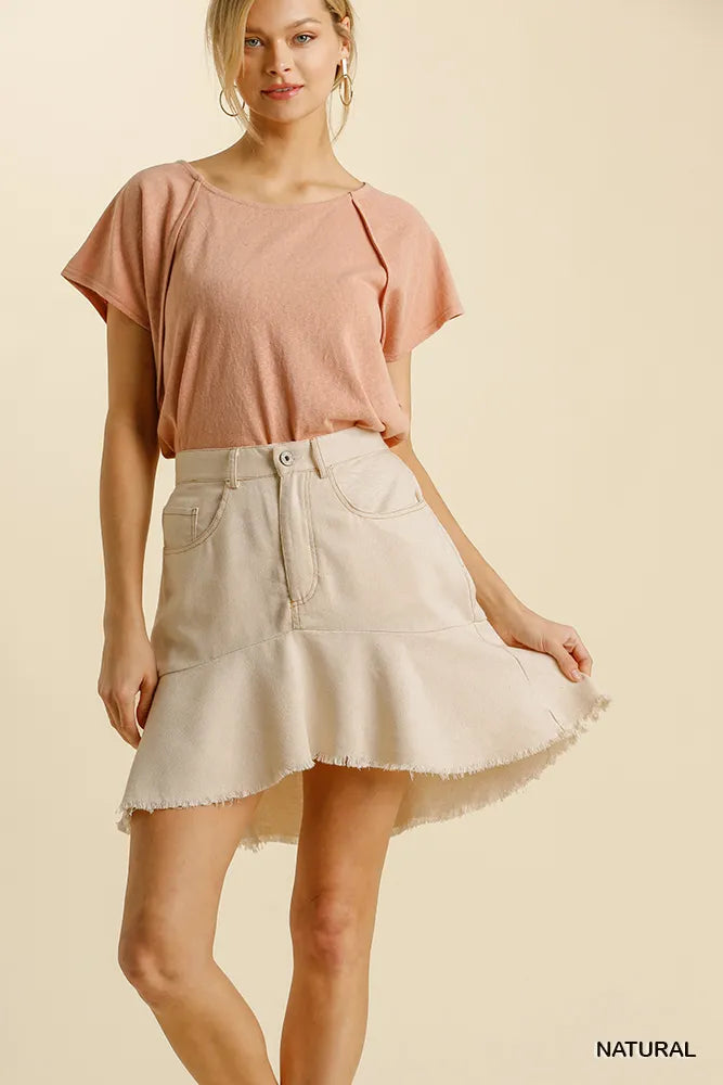 Garden Naked Umgee Linen Blend 5 Pockets High Low Skirt with Frayed Hem