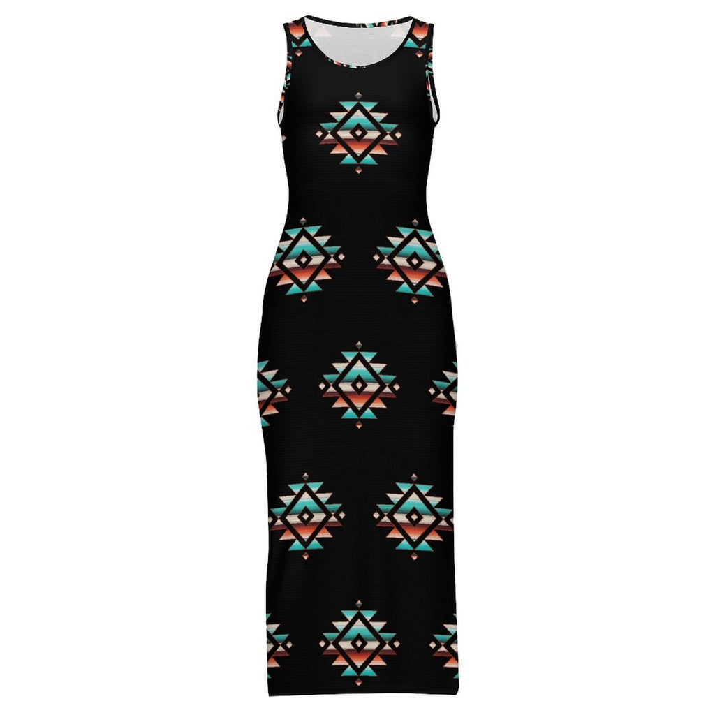 Southwestern Aztec Sleeveless Bodycon Side Slit Western Maxi Dress
