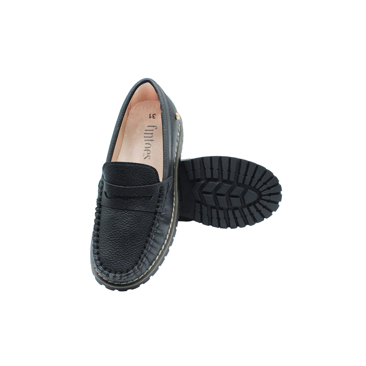 Fintoes Black Leather Loafer/ Chunky Sole For Work And School