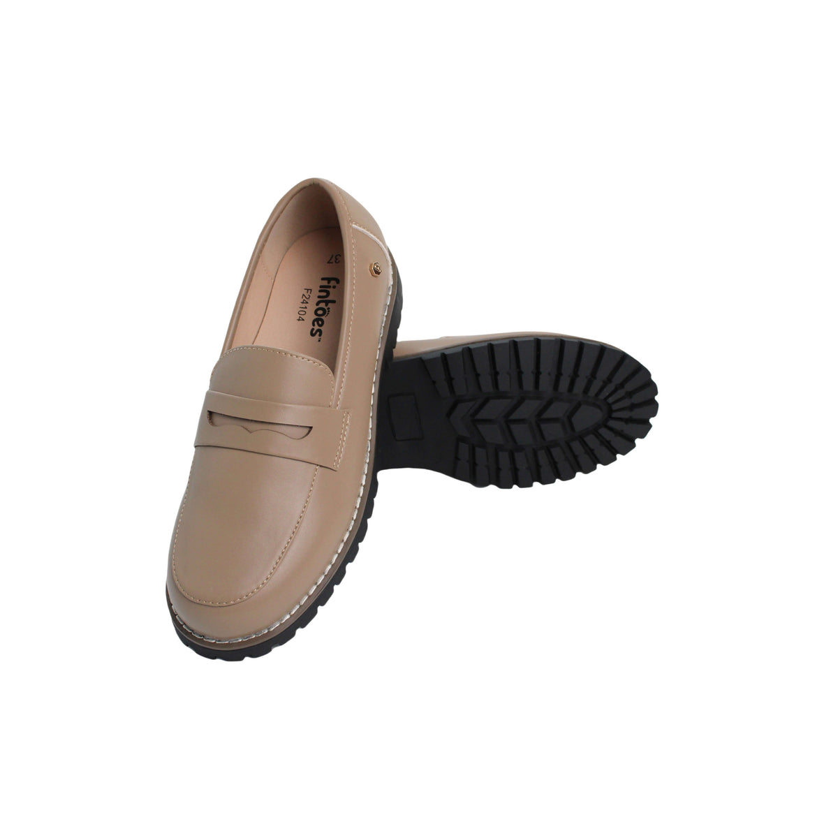 Fintoes Kids' Taupe Leather Penny Loafers, Chunky Sole