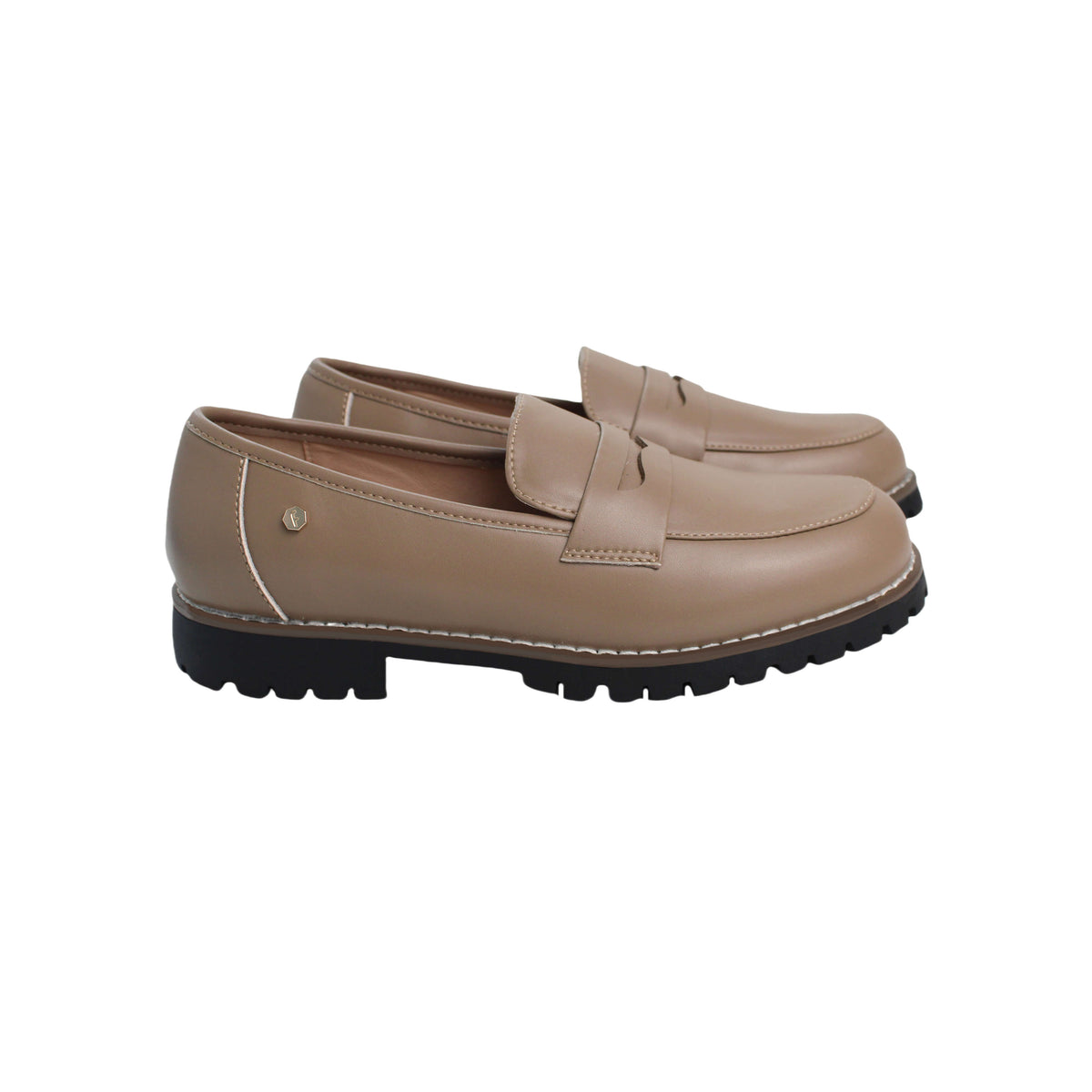 Fintoes Kids' Taupe Leather Penny Loafers, Chunky Sole