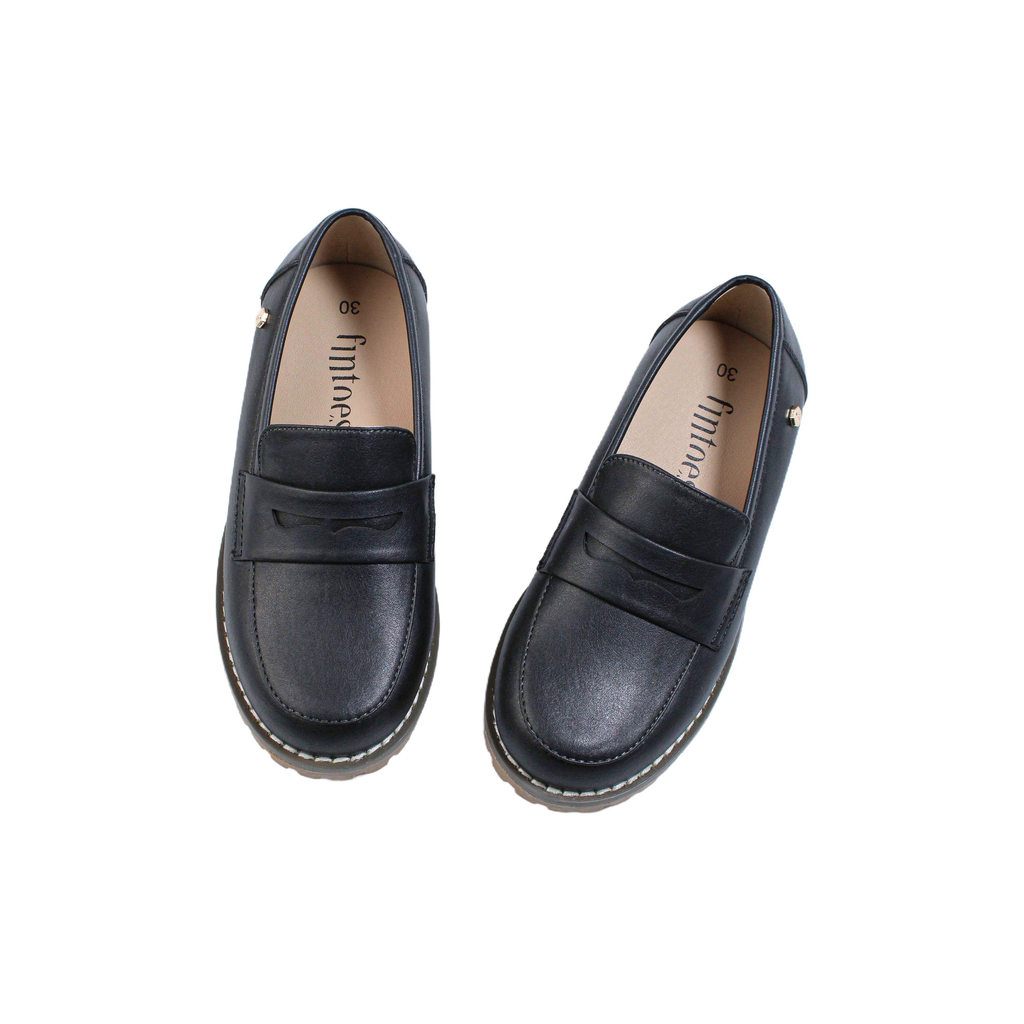 Fintoes Black Leather Chunky Loafer For Work And School