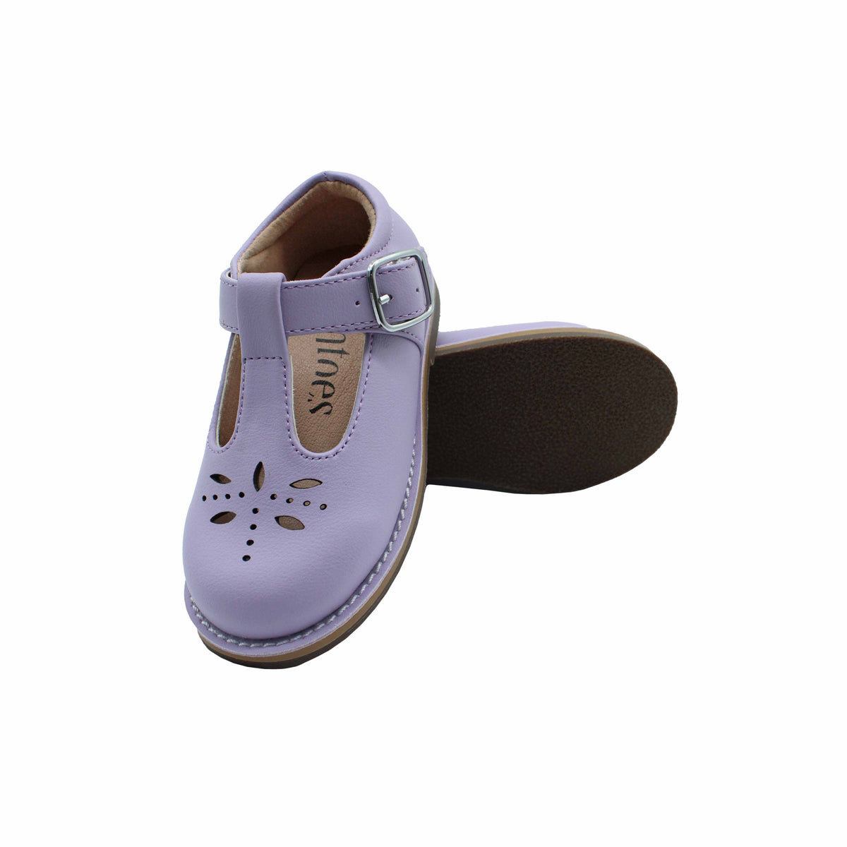 Fintoes Kids' Lilac Leather T-Strap Shoes, Punch-Out Detail
