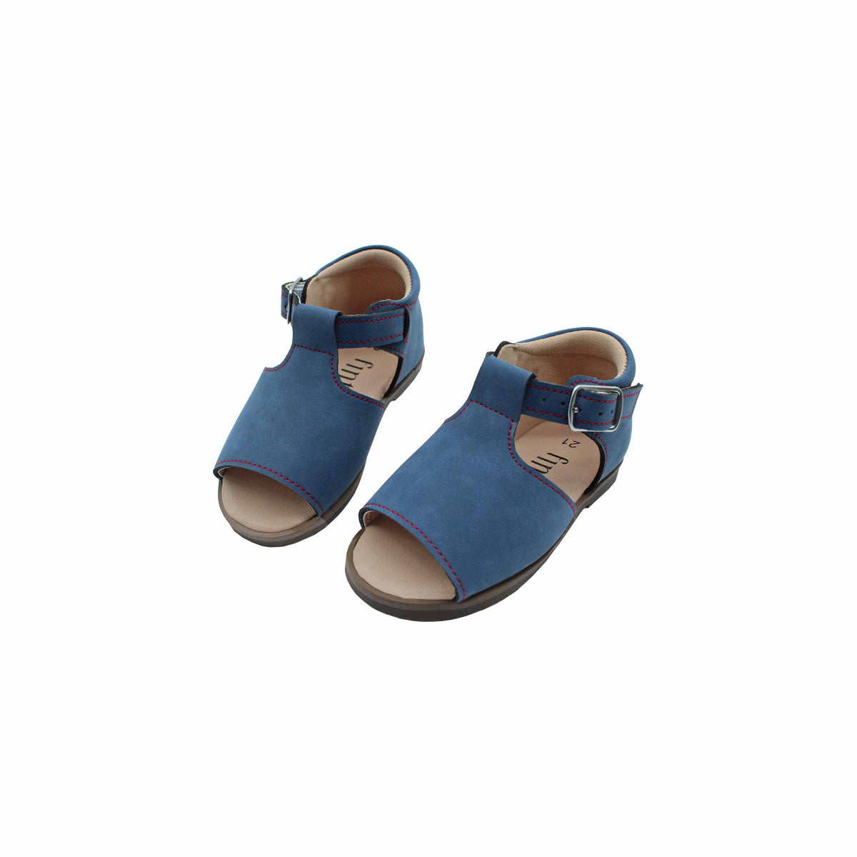 Fintoes Kids' Blue Leather Sandals, Red Stitching