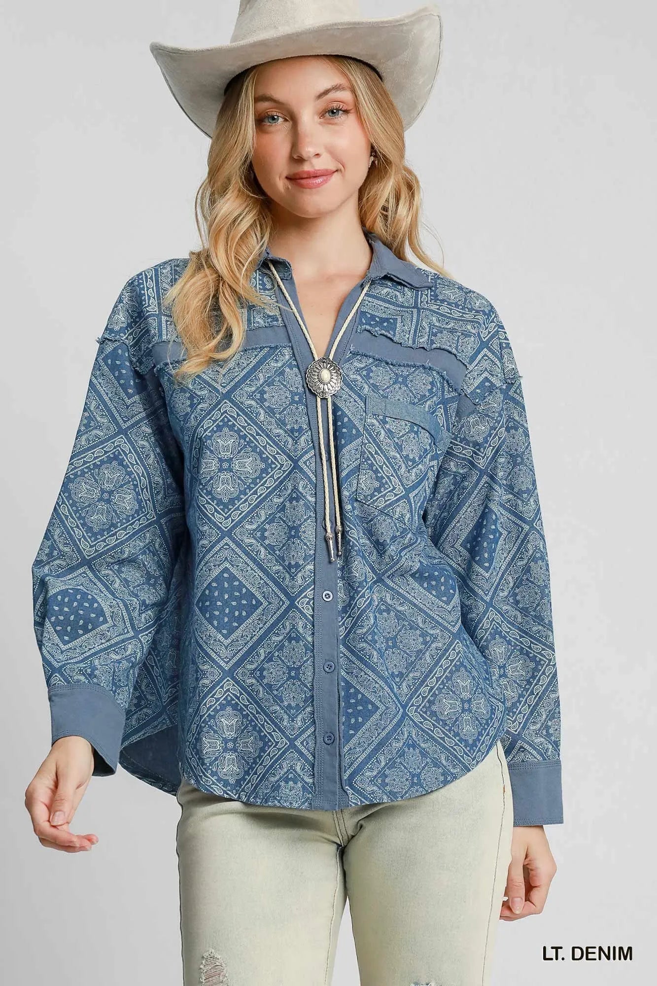 Garden Naked Umgee Paisley Print Denim Shirt Jacket