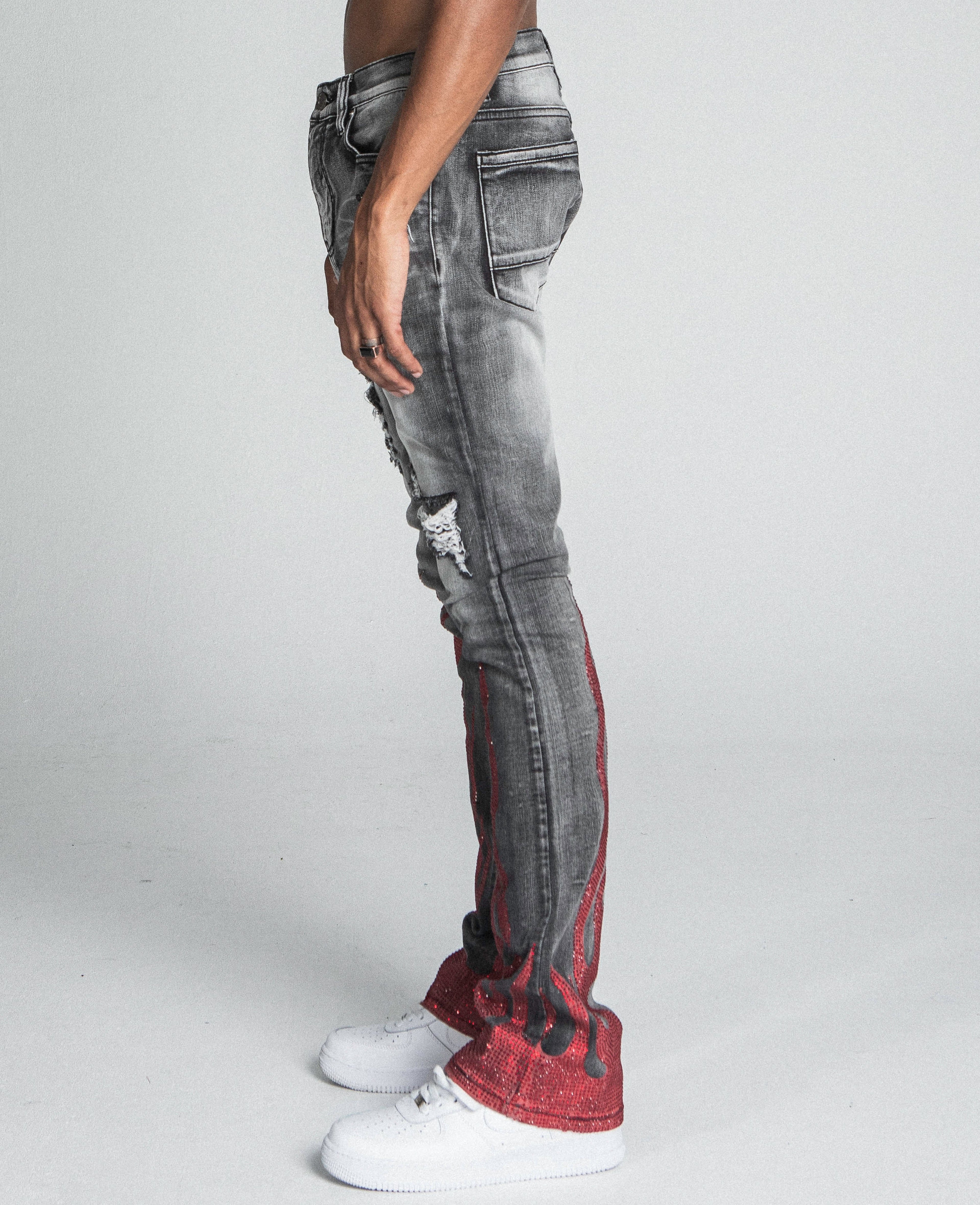 AJ23SK FLAME RHINESTONE STACKED JEANS