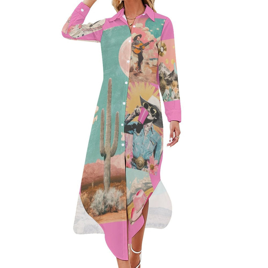 Baha Ranch Retro Pop Western Desert Cowboy Button Up Shirt Dress Duster