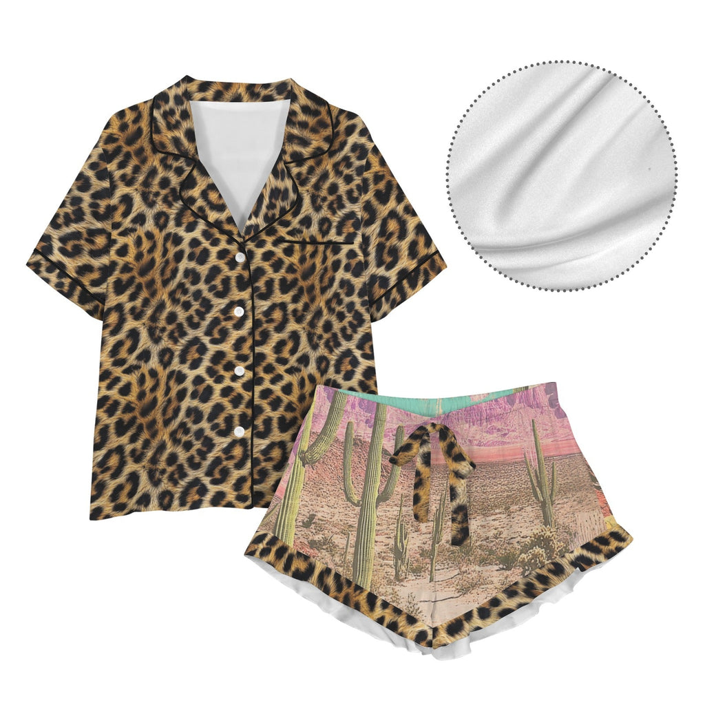 Baha Ranch Retro Pop Western Leopard Desert Cowgirl Satin Pajamas