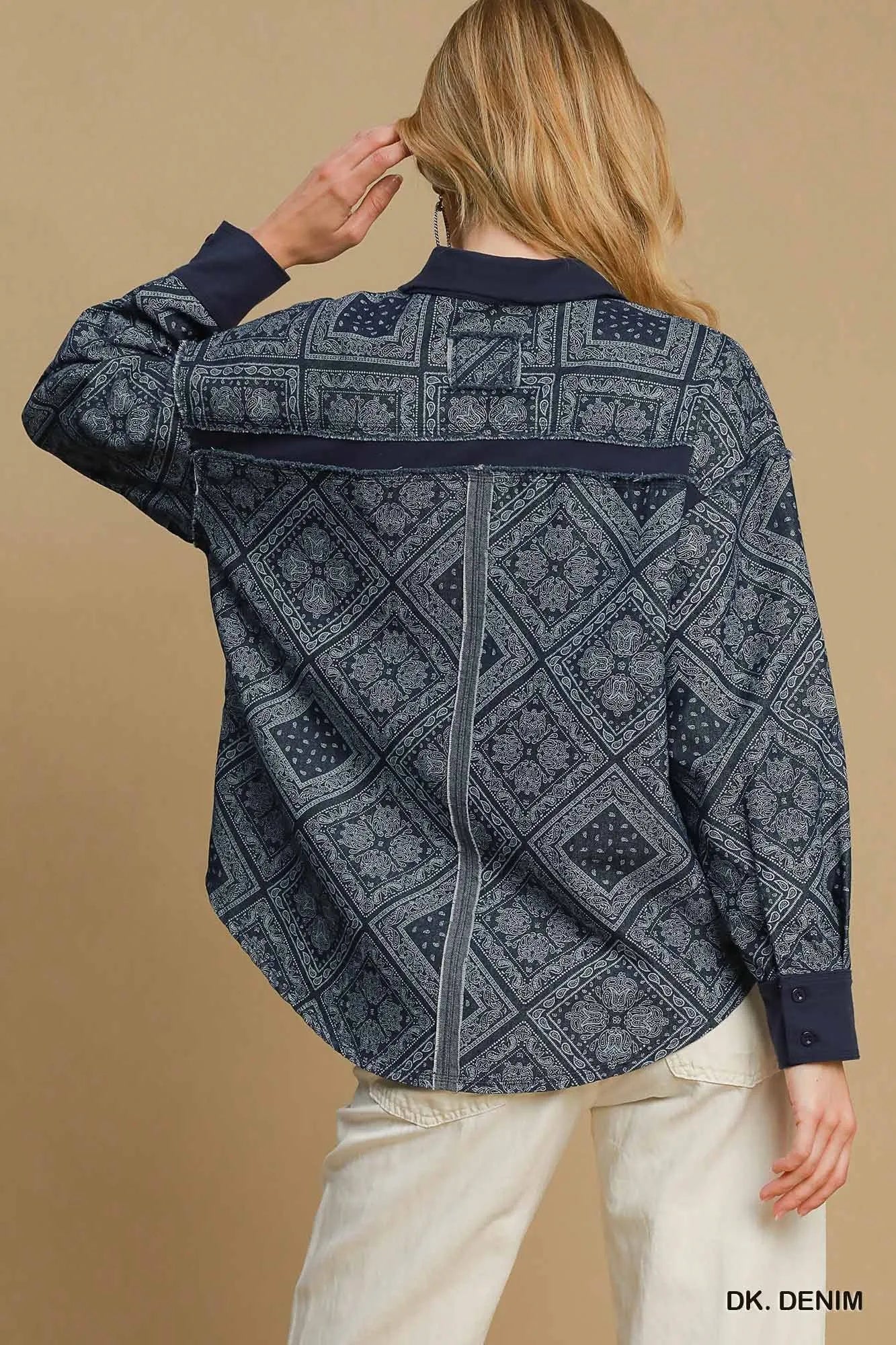 Garden Naked Umgee Paisley Print Denim Shirt Jacket