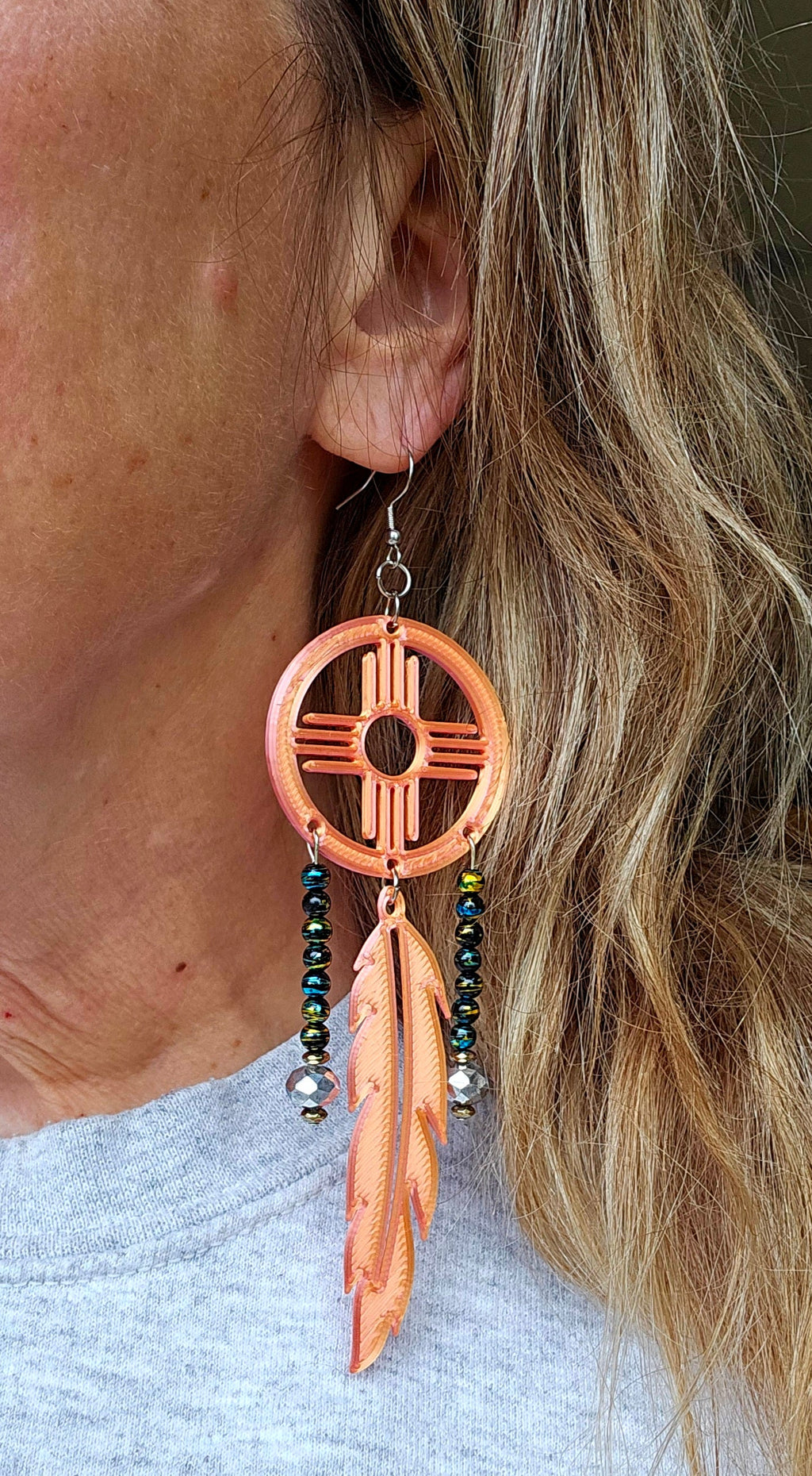3D print Lightweight Orange New Mexico Zia Feather Dream Catcher Earrings Made in America