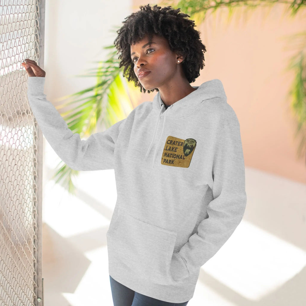 Crater Lake National Park Unisex Fit Fleece Hoodie Scenic View Graphic Wooden Mountain Sign