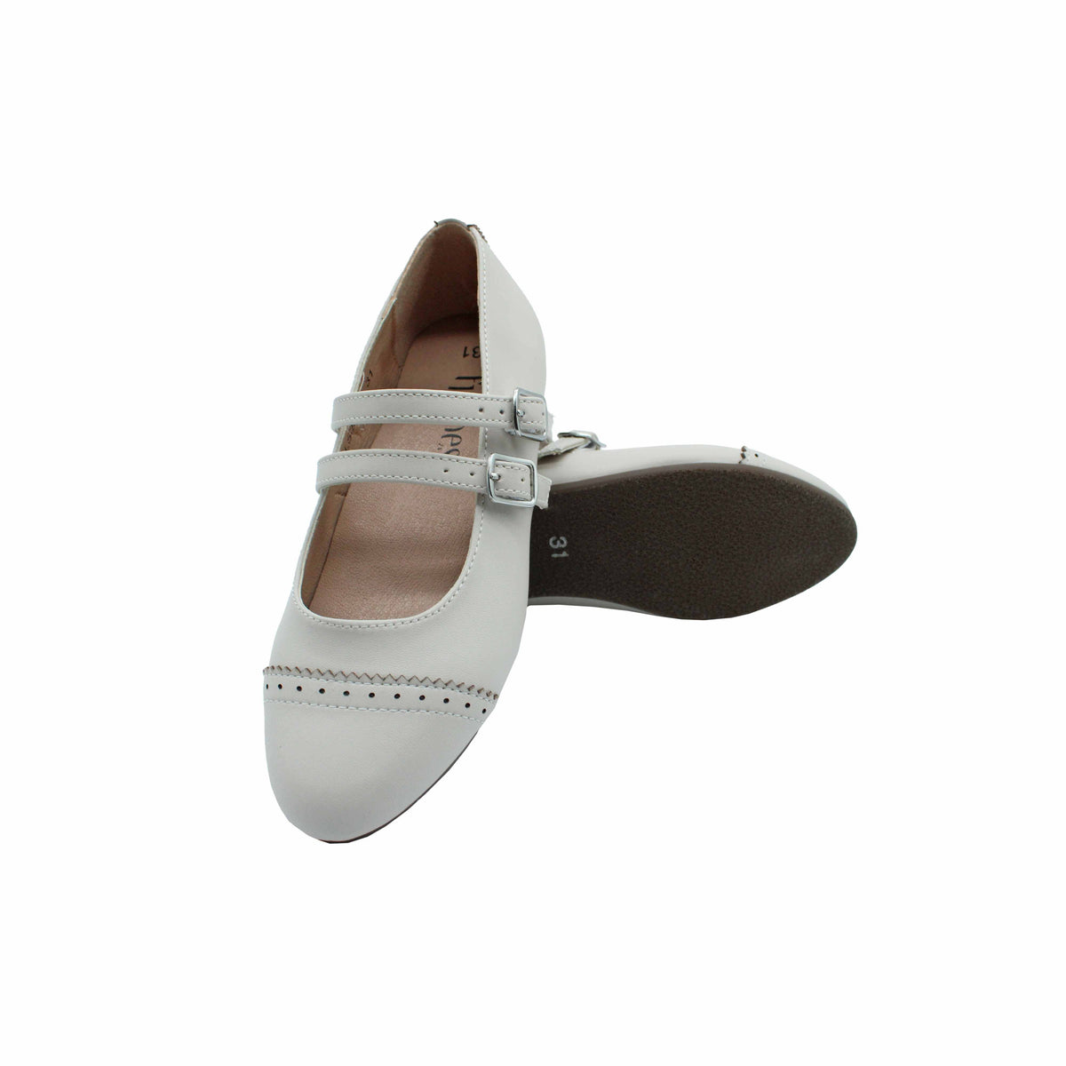 Fintoes Kids' Beige Leather Double-Buckle Cap-Toe Dress Shoes