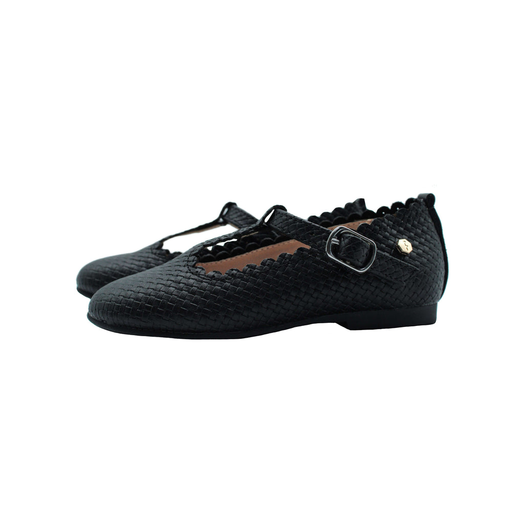 Fintoes Black Weaved Designed Leather T Strap Girls Dress Shoe  For Work And School