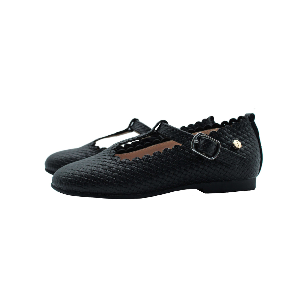 Fintoes Black Weaved Designed Leather T Strap Girls Dress Shoe  For Work And School