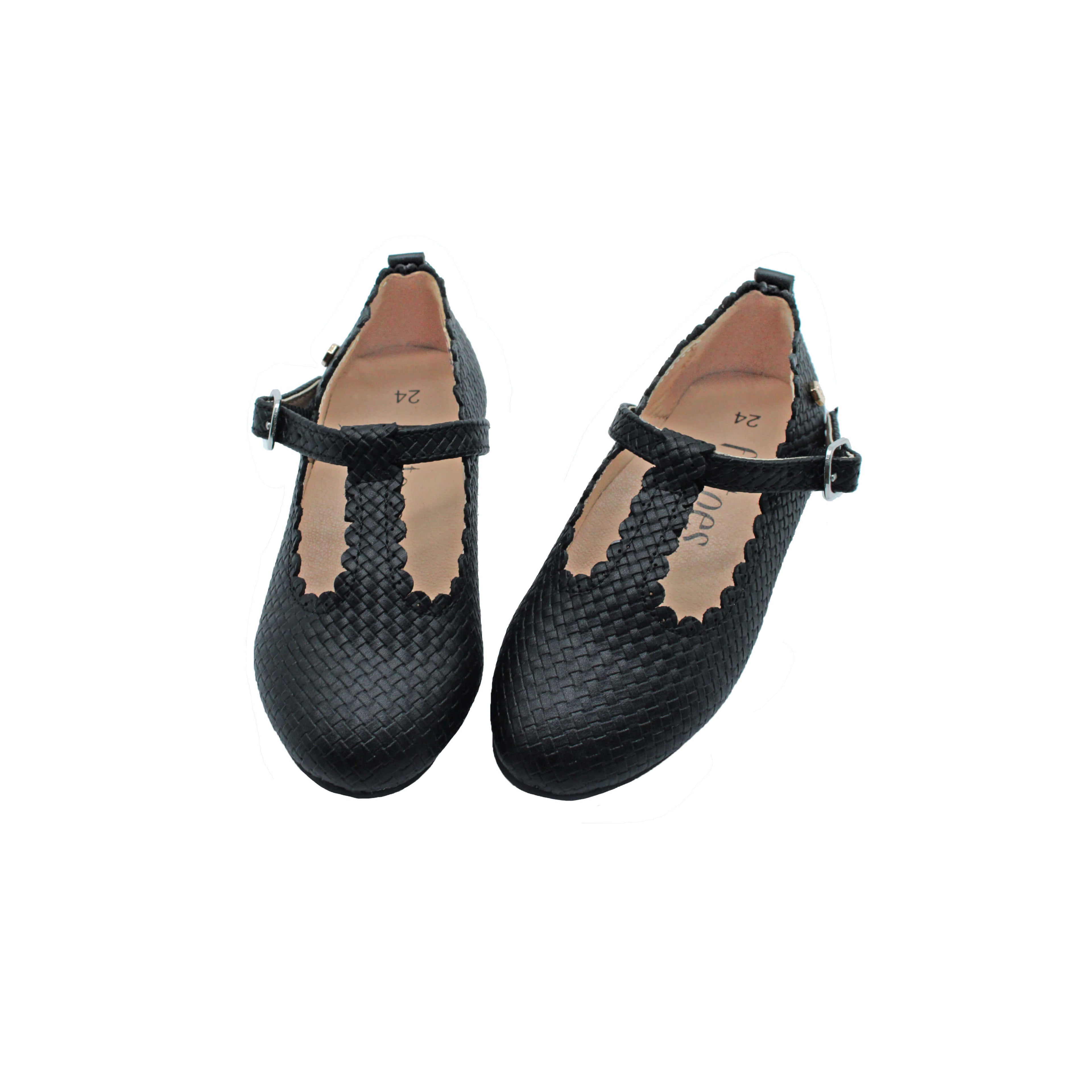 Fintoes Black Weaved Designed Leather T Strap Girls Dress Shoe  For Work And School