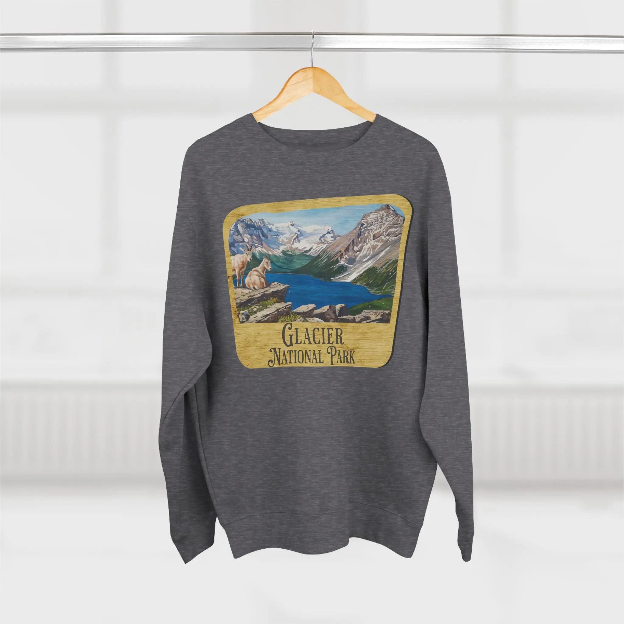 Glacier National Park Unisex Fit Crewneck Sweatshirt Wood Sign Lake View