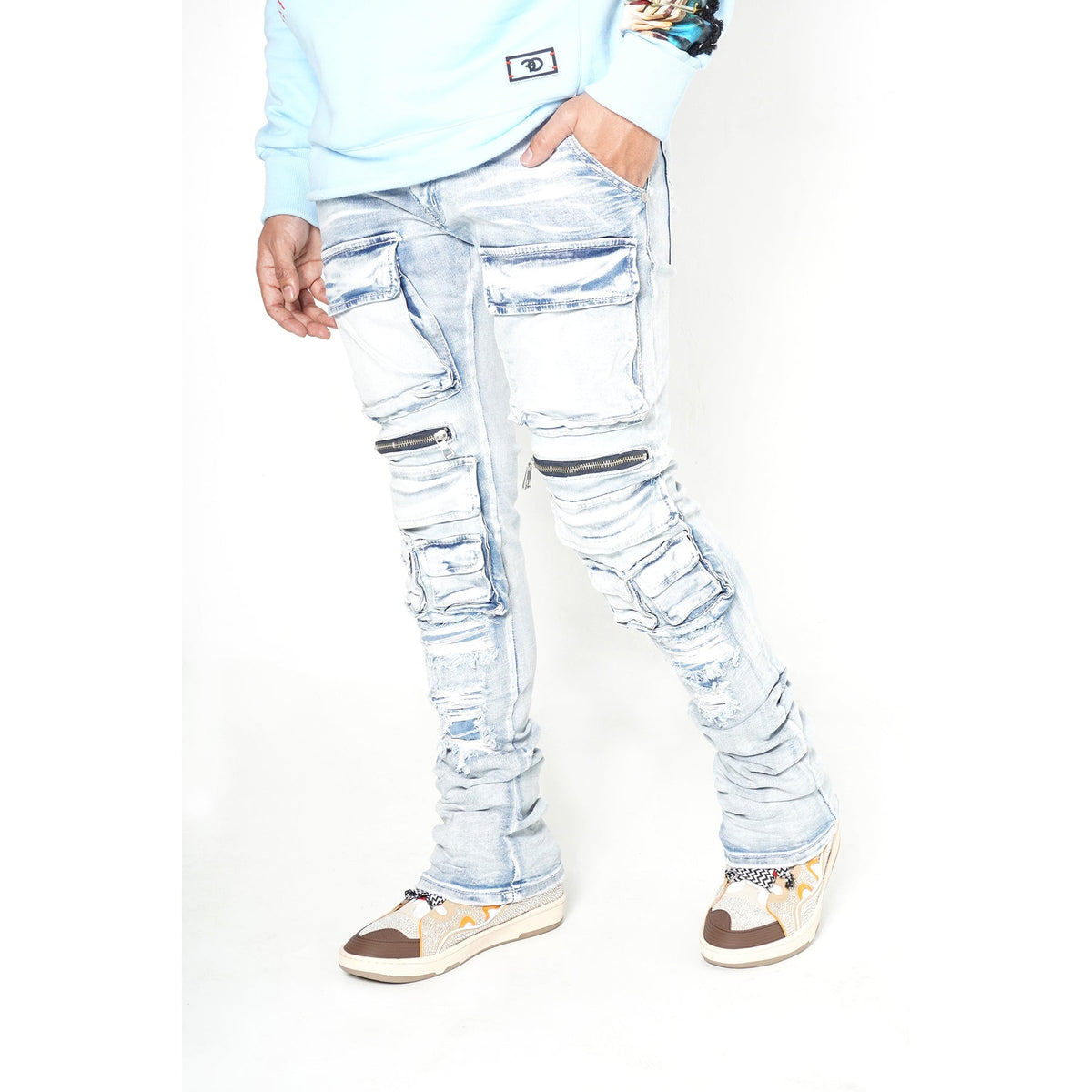Makobi Cargo Stack Jeans, Light Wash, product back