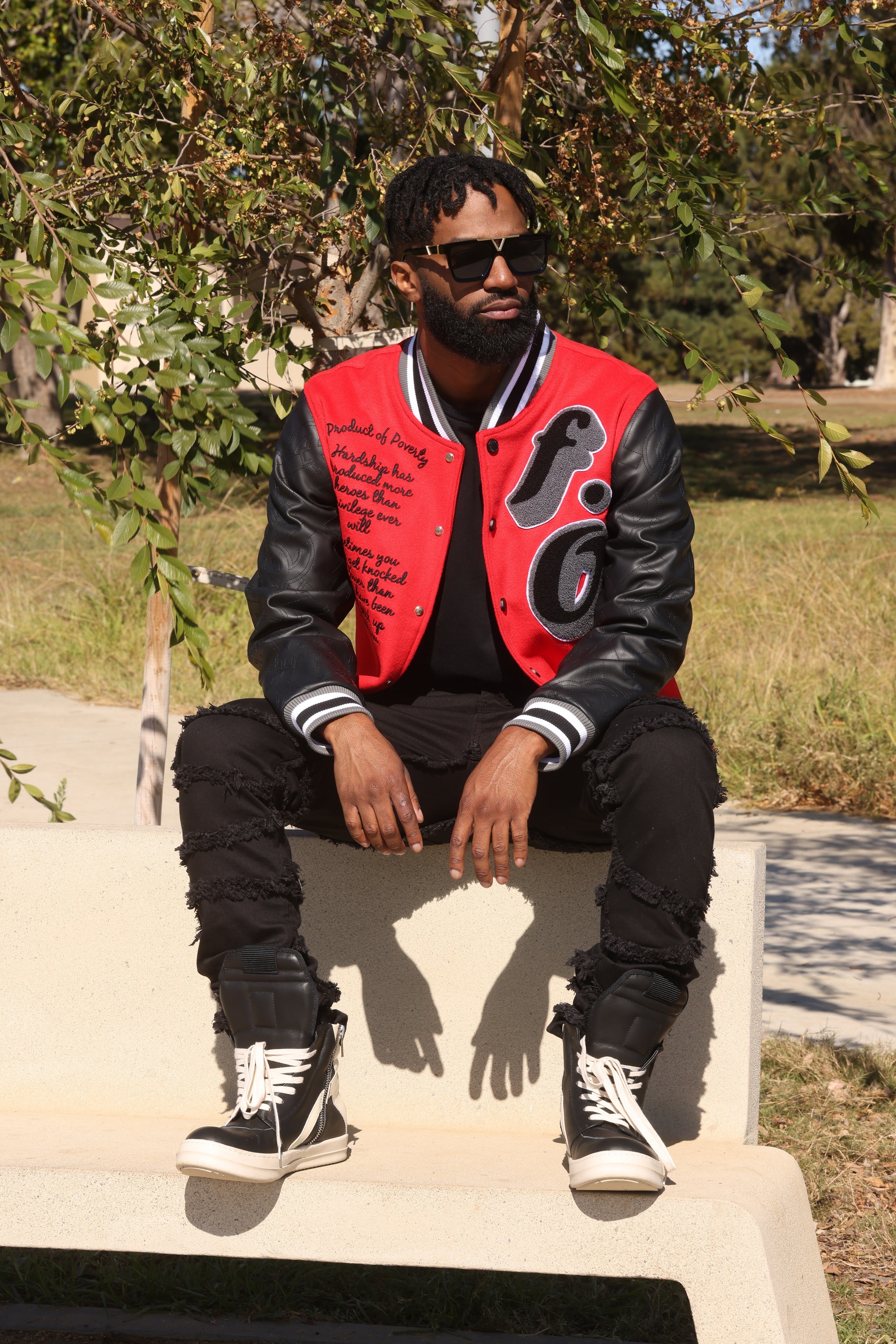 F1026 Product of Poverty Varsity Jacket - Red
