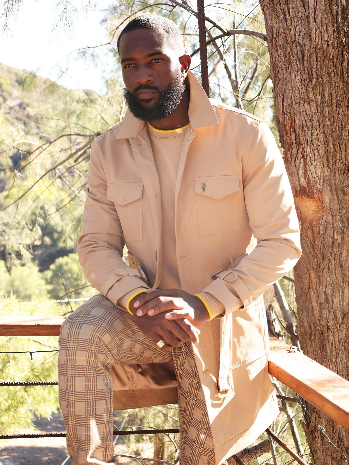 Makobi Vincent Weather Proof Trench Coat in Khaki, product photo, alternate angle