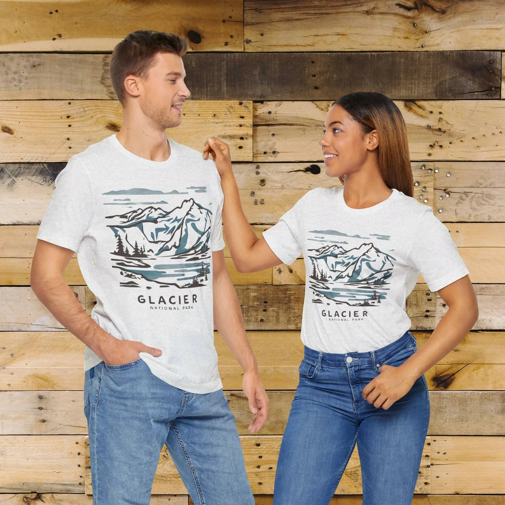 Glacier National Park Unisex Fit Soft T-Shirt Watercolor Line Art