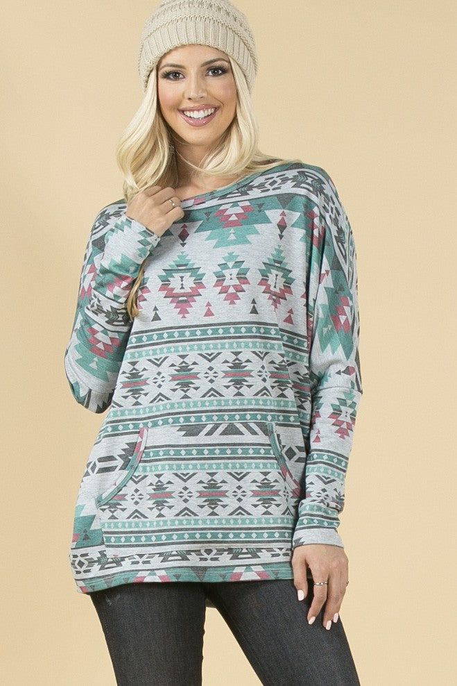 Smoky Mountain Gray Aztec Print Tunic with Pockets Made in America