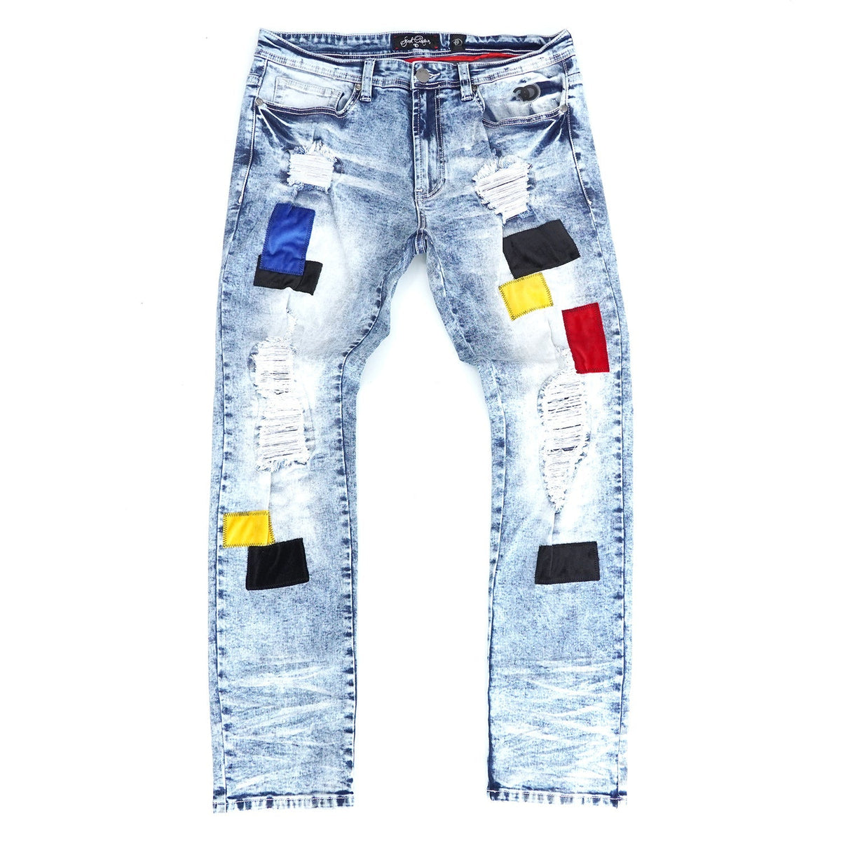 Makobi Frost Patchwork Denim Shredded Jeans, Light Wash, product front