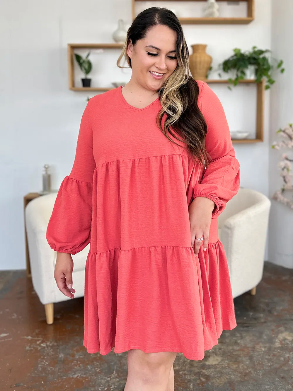Garden Naked Double Take Full Size V-Neck Balloon Sleeve Tiered Dress with Pockets