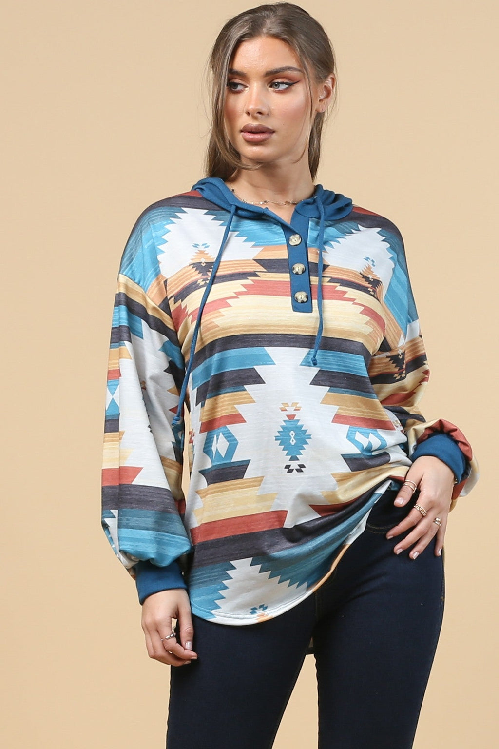Blue Mountain Turquoise Aztec Lightweight Hoodie Made in America