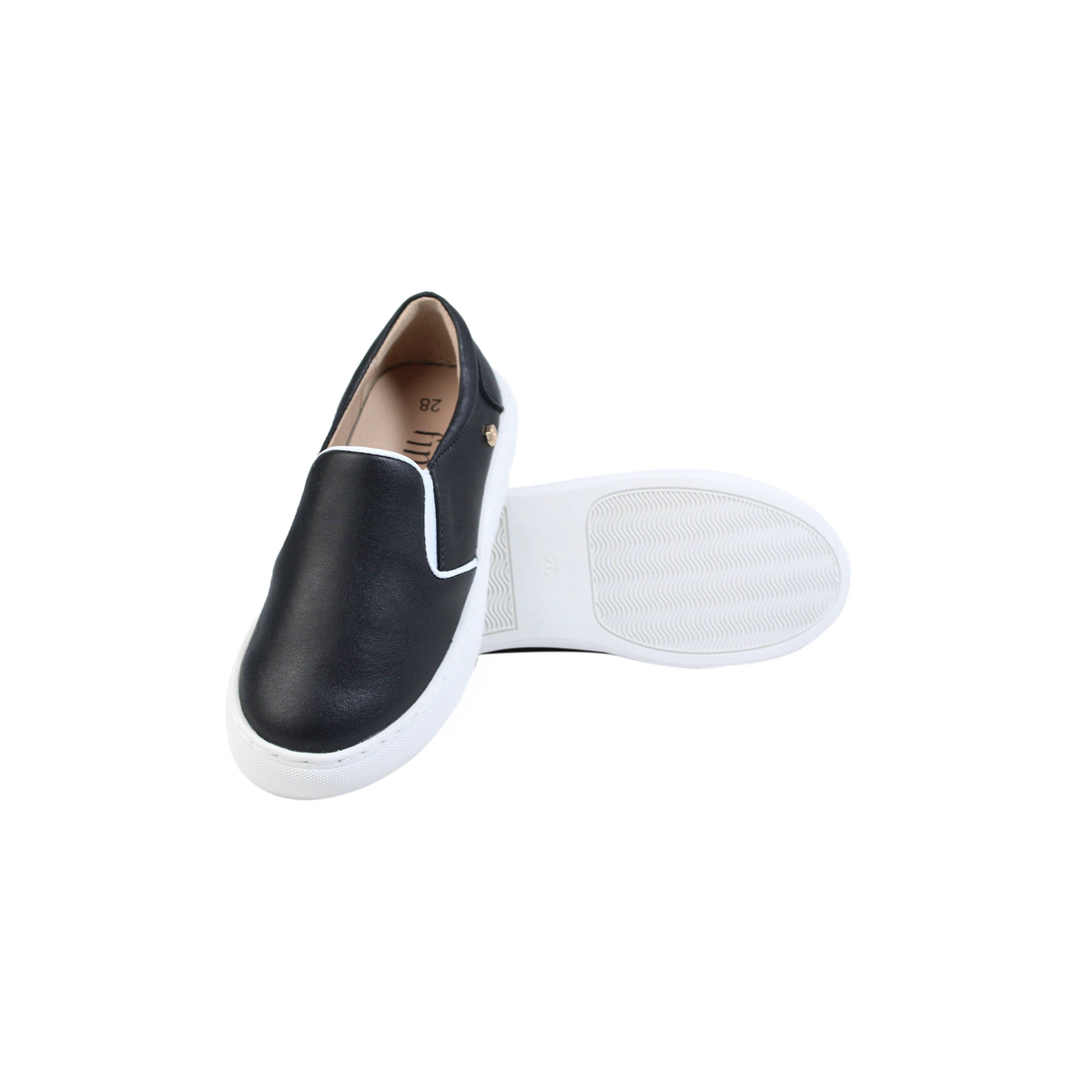 Fintoes Kids' Black Leather Sneakers, White Trim