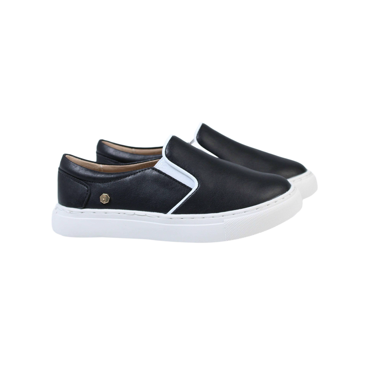 Fintoes Kids' Black Leather Sneakers, White Trim