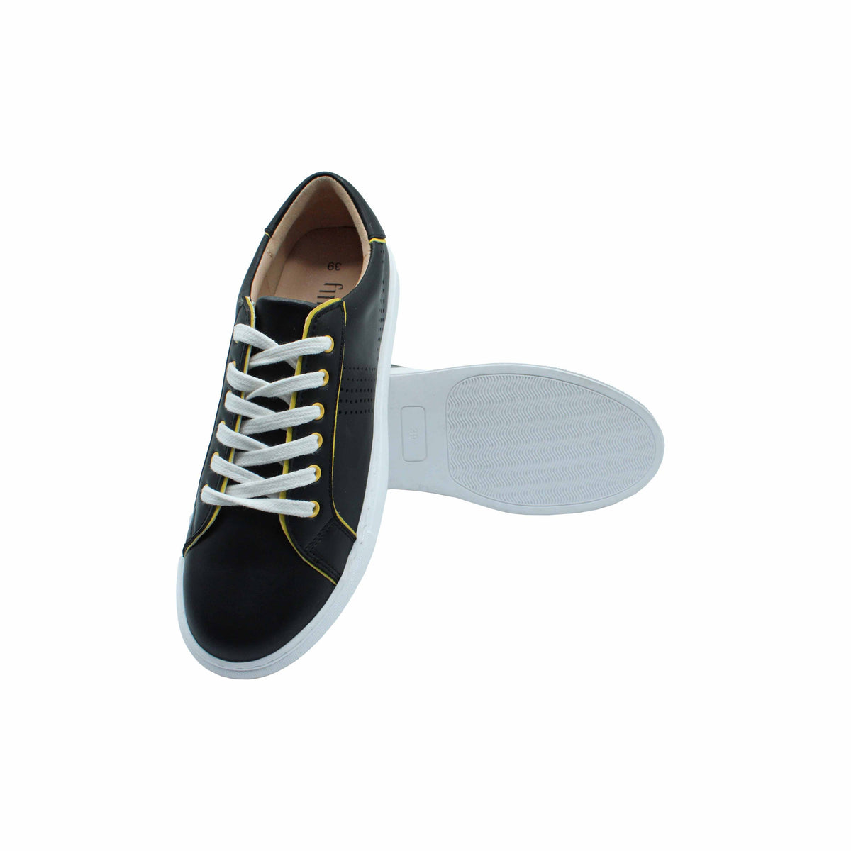 Fintoes Kids' Black Leather Sneakers, Yellow Trim