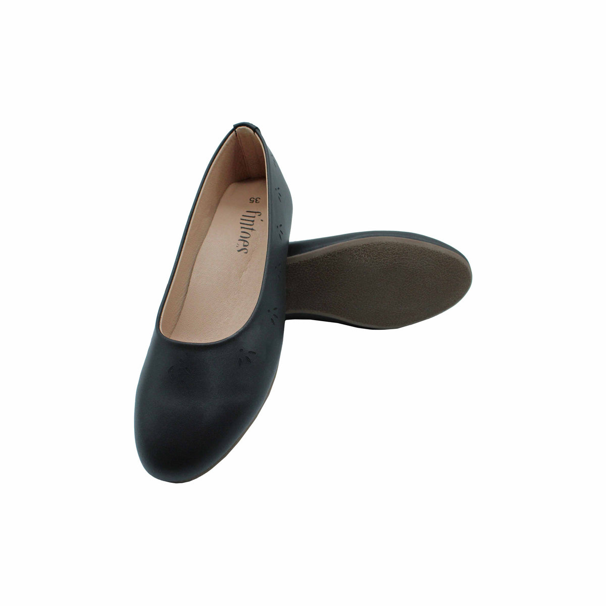 Fintoes Kids' Black Leather Ballet Flats, Floral Detail