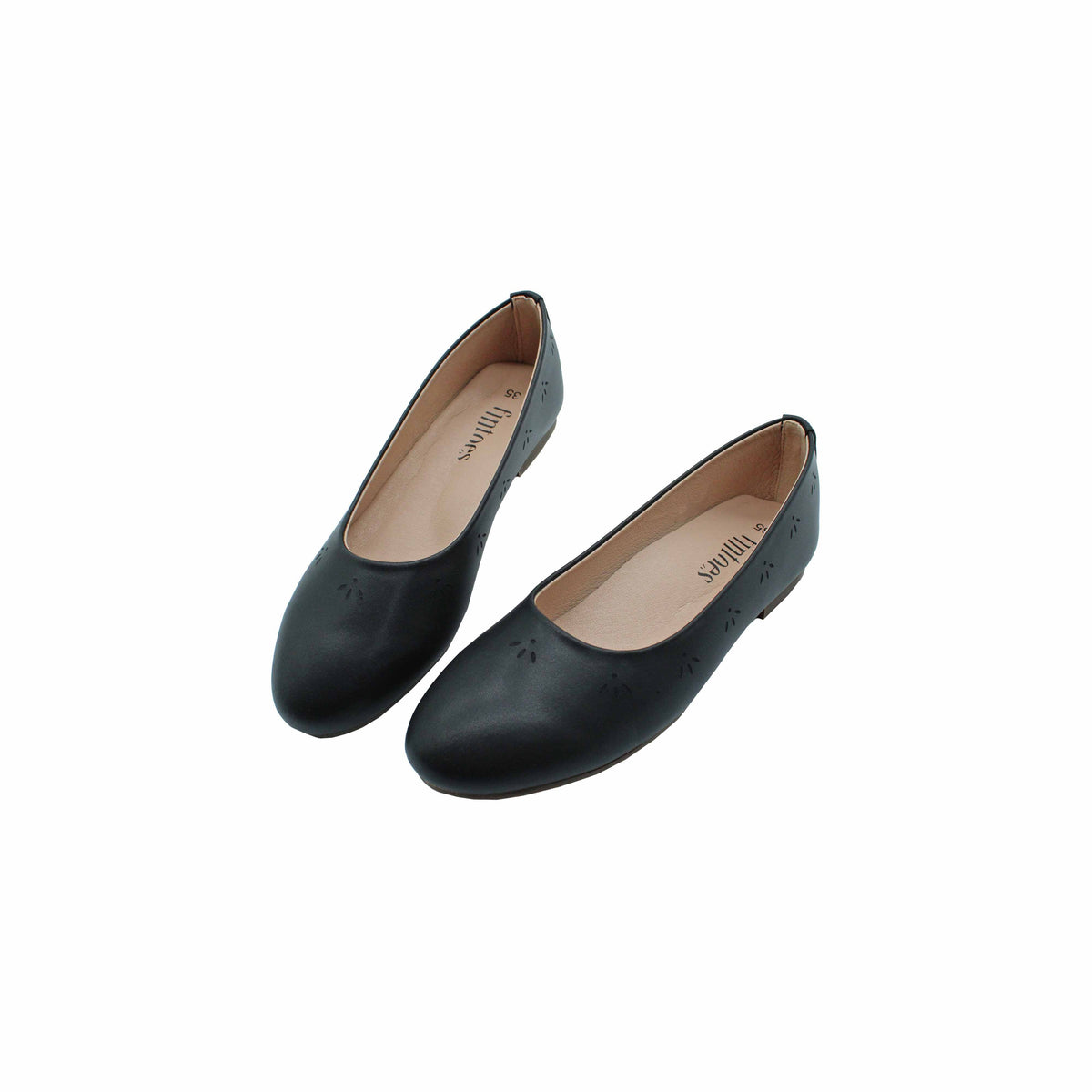Fintoes Kids' Black Leather Ballet Flats, Floral Detail