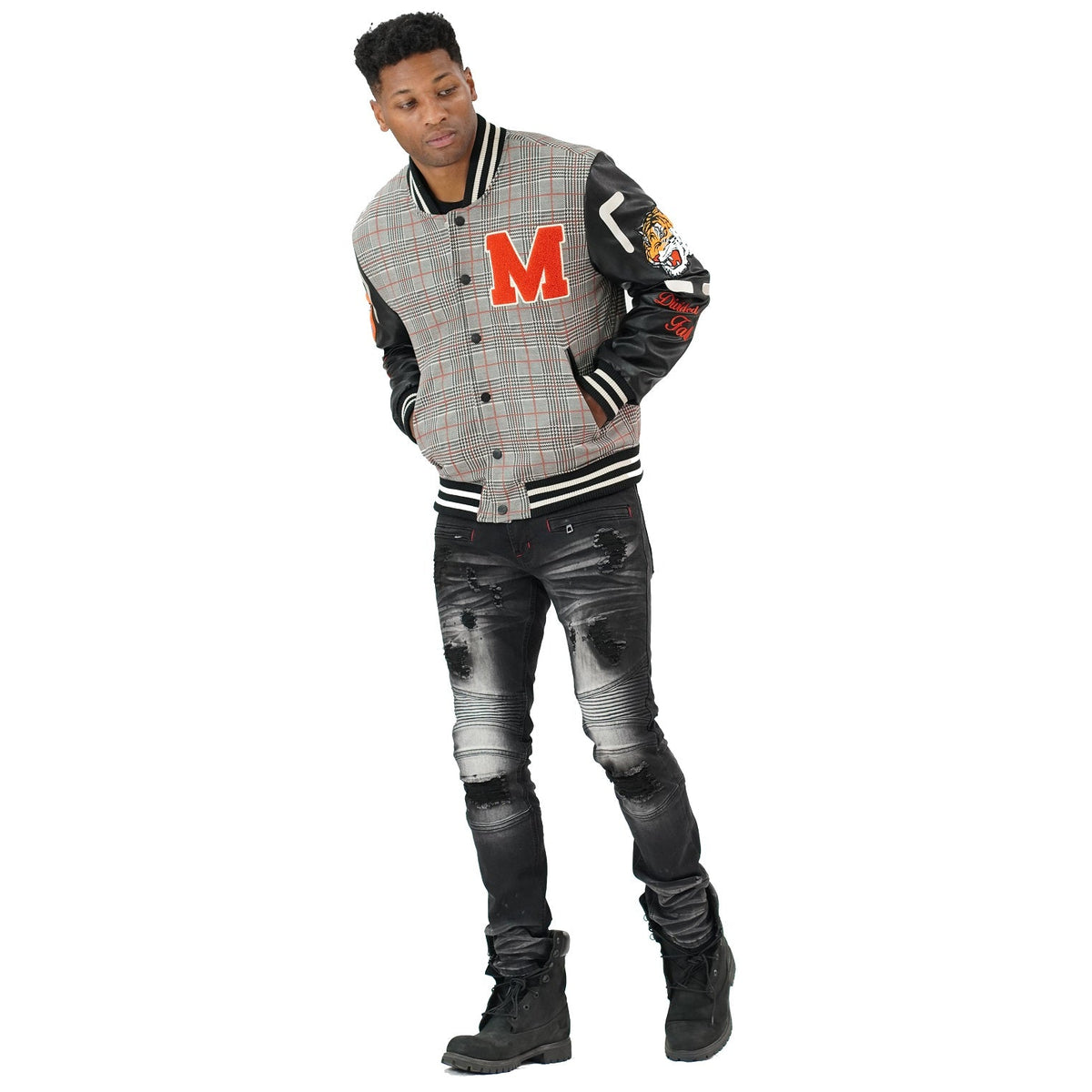Makobi Vercelli Plaid Varsity Jacket in Black, detail view