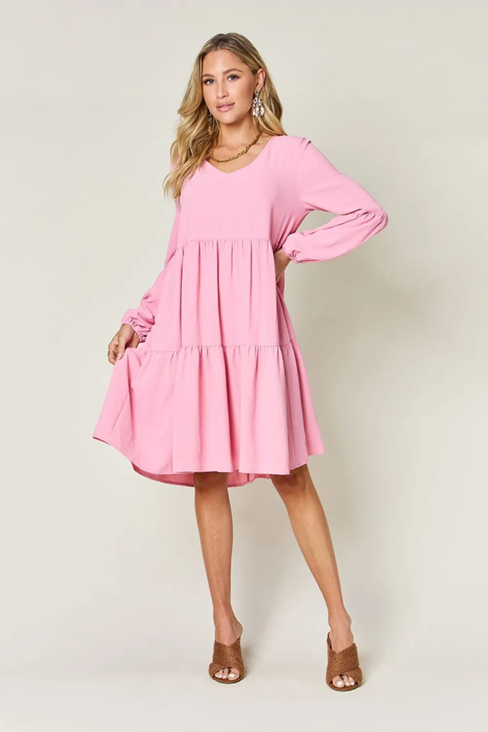 Garden Naked Double Take Full Size V-Neck Balloon Sleeve Tiered Dress with Pockets